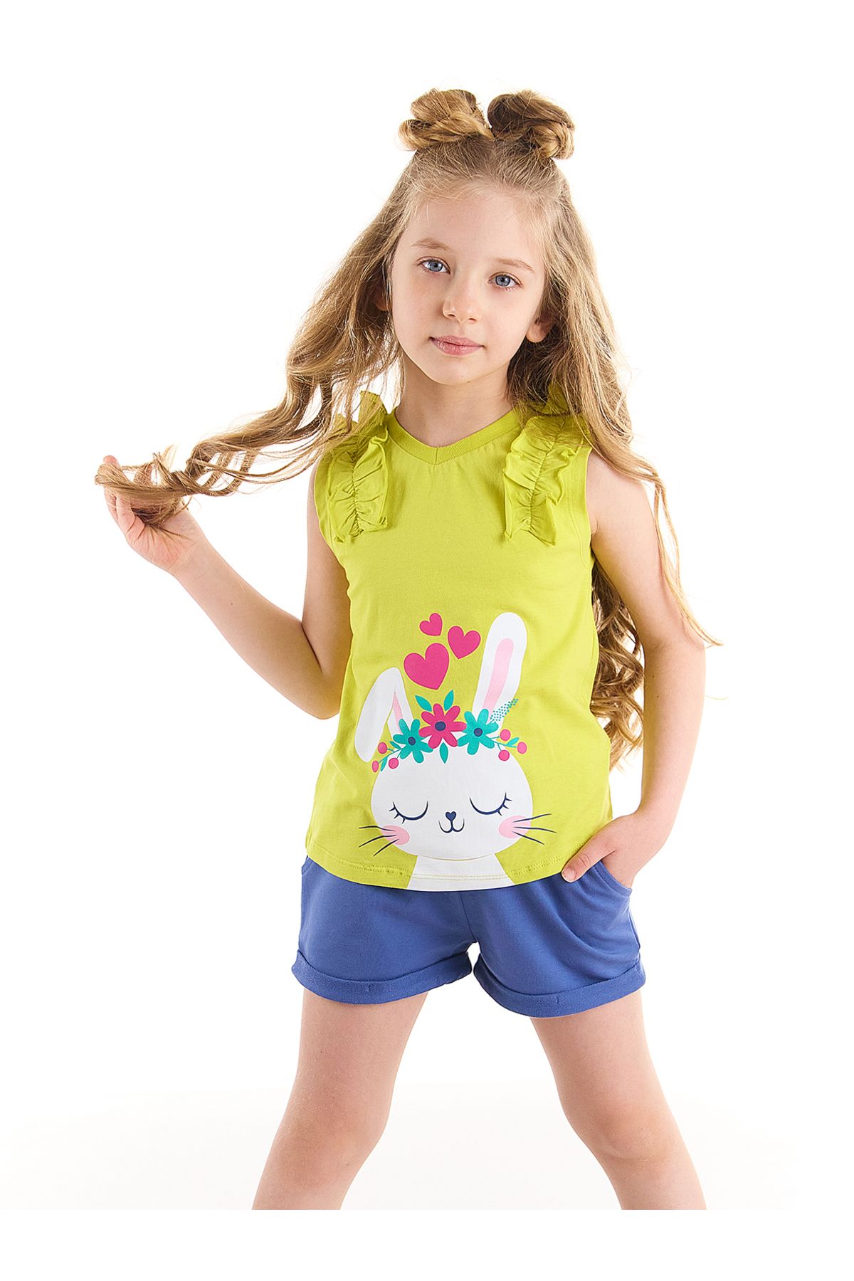 Denokids Tavşan Kalbi Pamuklu Penye Kız T-shirt Şort Takım