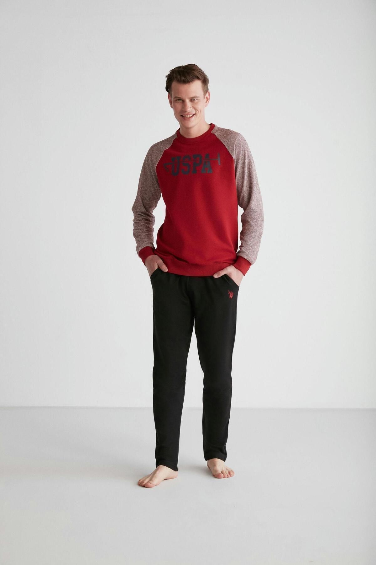 U.S. Polo Assn. Erkek Pamuklu Bordo Sweatshirt-Eşofmanaltı Pijama Takımı