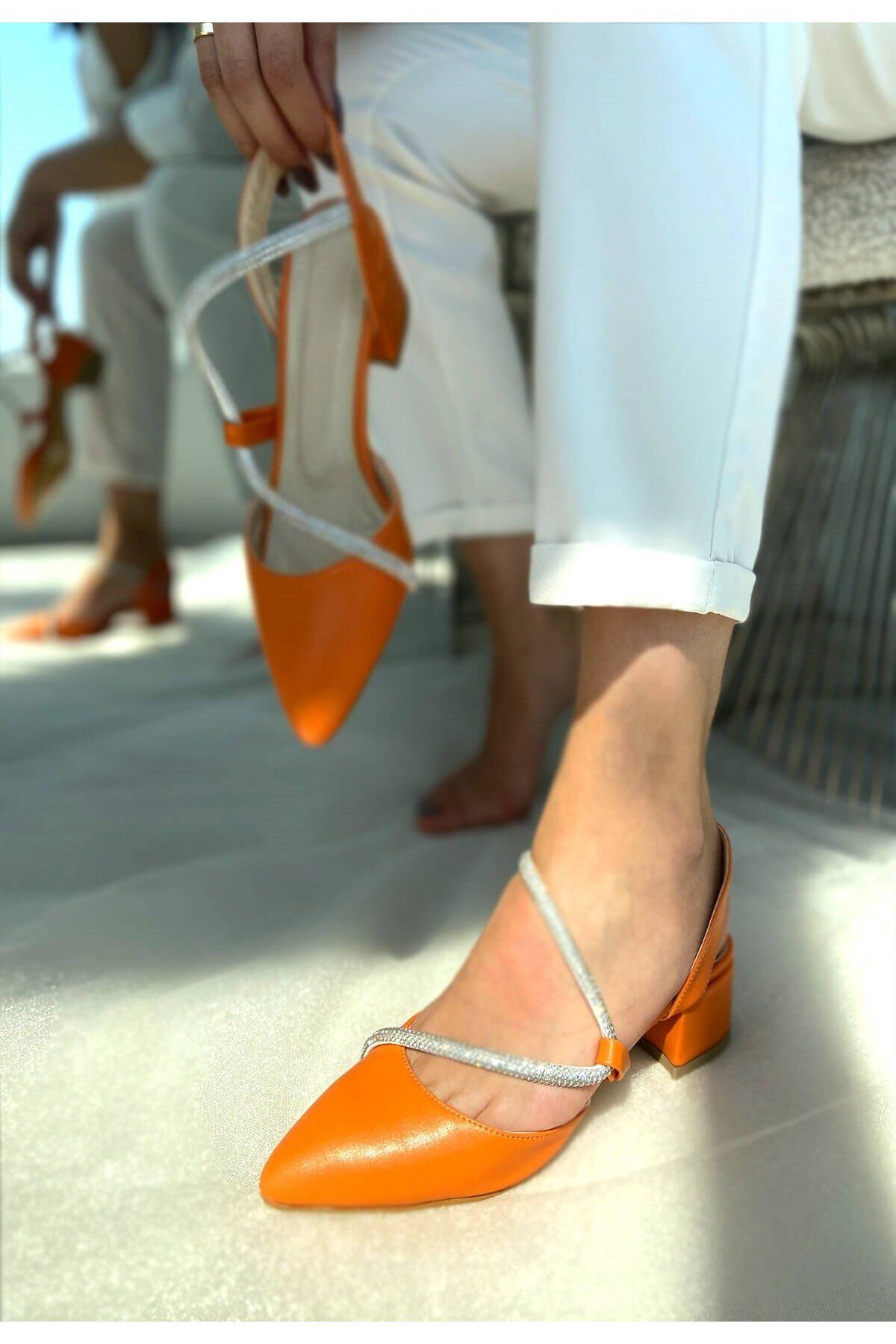 Ccway Kadın Taşlı Günlük Topuklu Ayakkabı Turuncu Cilt