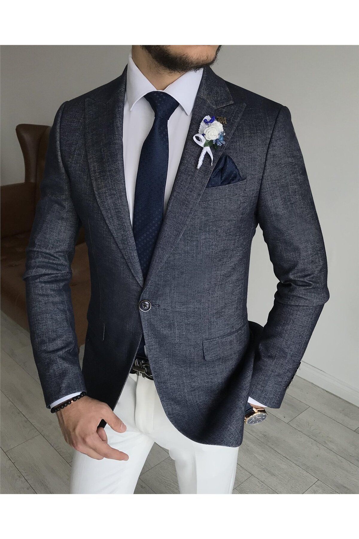 TerziAdemAltun İtalyan Stil Slim Fit Erkek Blazer Tek Ceket Lacivert T7600