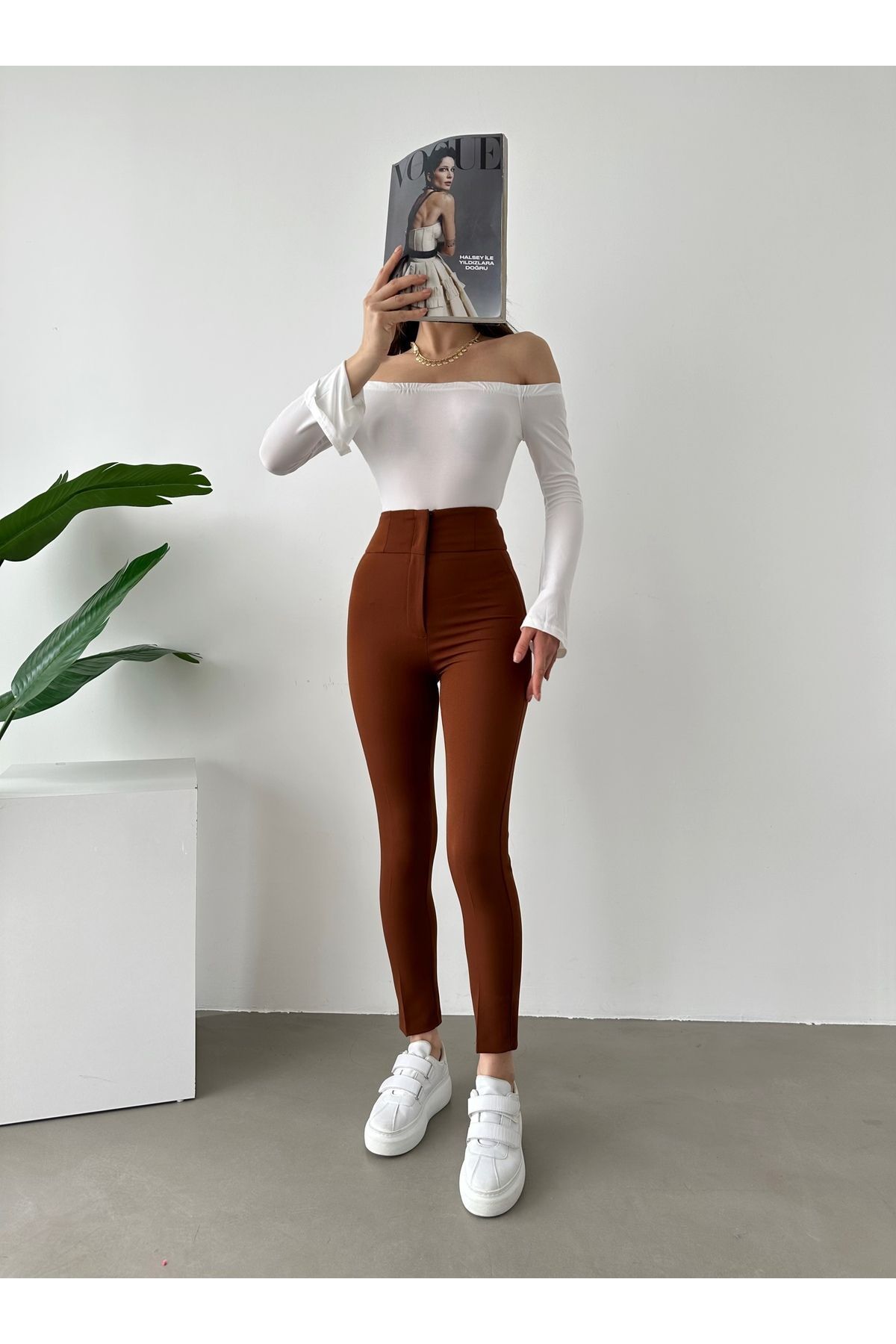 monlera Kadın Darpaça Yüksek Bel Likralı Kahve Rengi Kumaş Pantolon