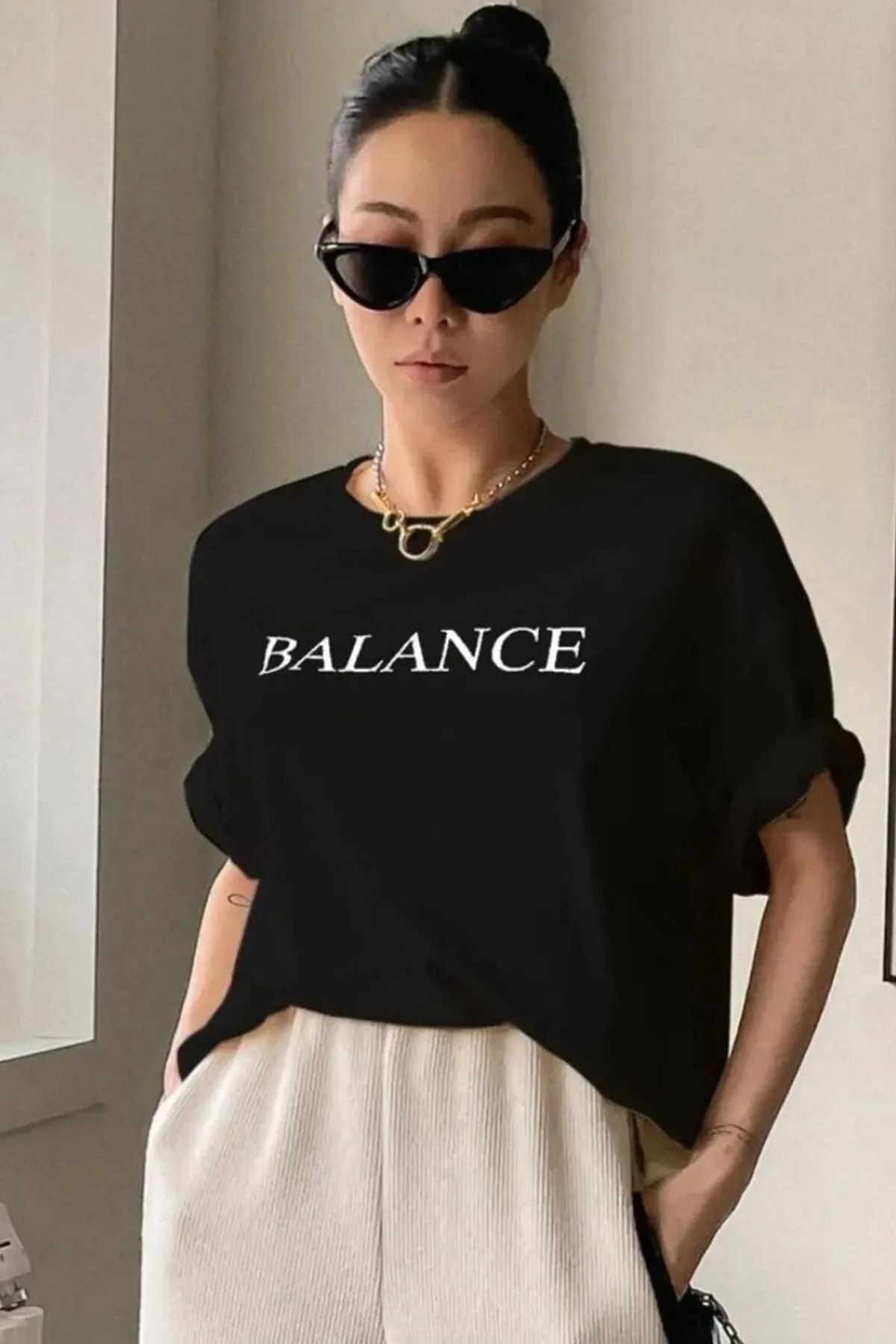MARECASH Siyah Unisex Balance Baskılı Oversize Boyfriend T-shirt