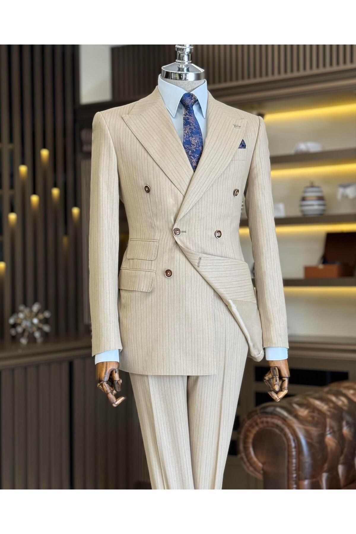 TerziAdemAltun İtalyan stil slim fit çizgili ceket pantolon takım elbise camel T11833
