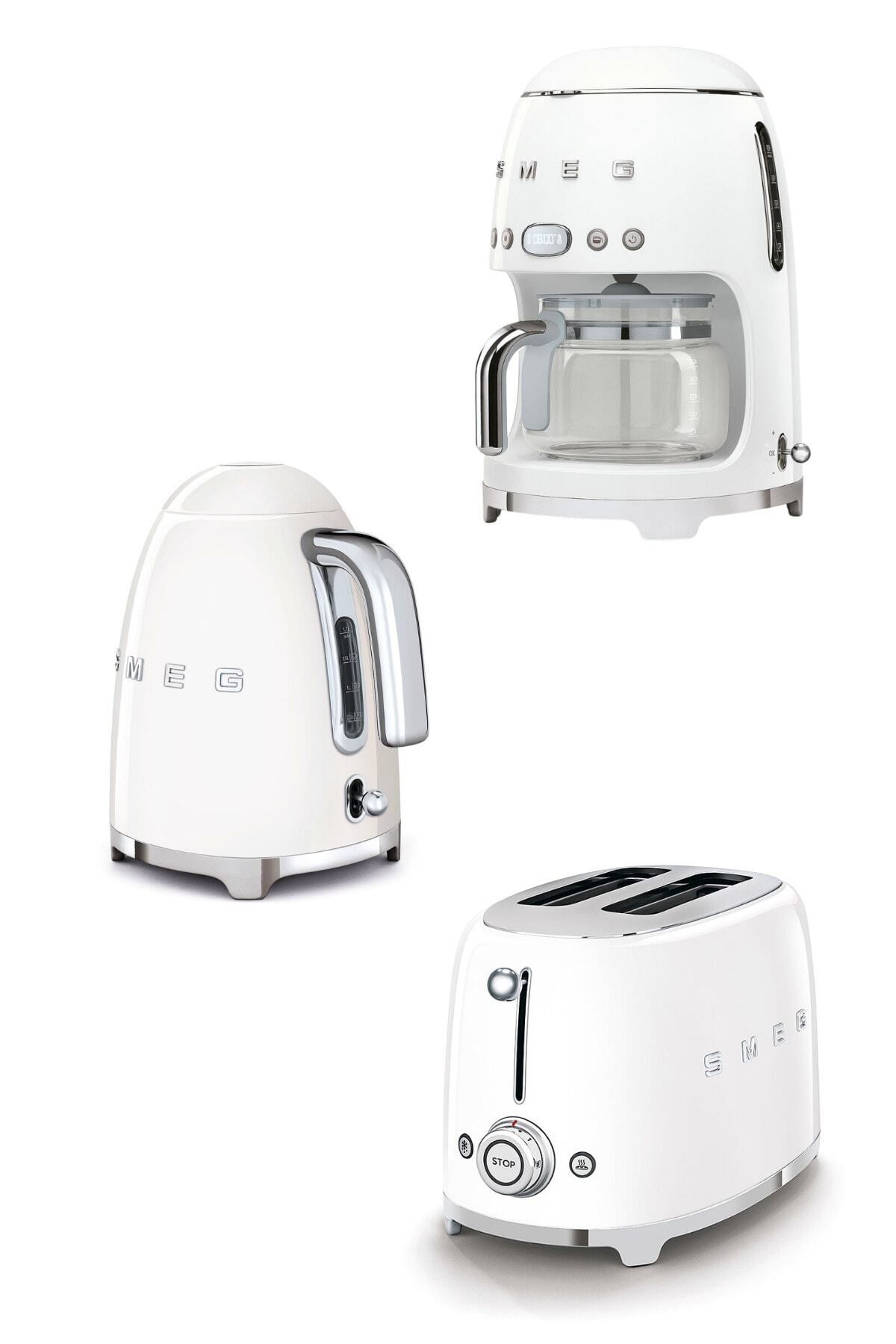 Smeg 50's Style Beyaz Kettle - 1x2 Ekmek Kızartma Makinesi Ve Filtre Kahve Makine Seti