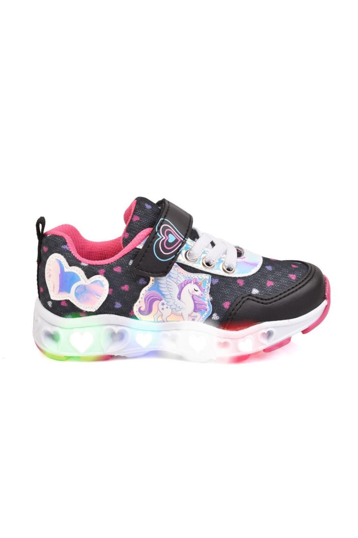 Unicorn Kız Çocuk Siyah/pembe Rahat Esnek Anatomik Taban Işıklı Spor Ayakkabı Sneaker