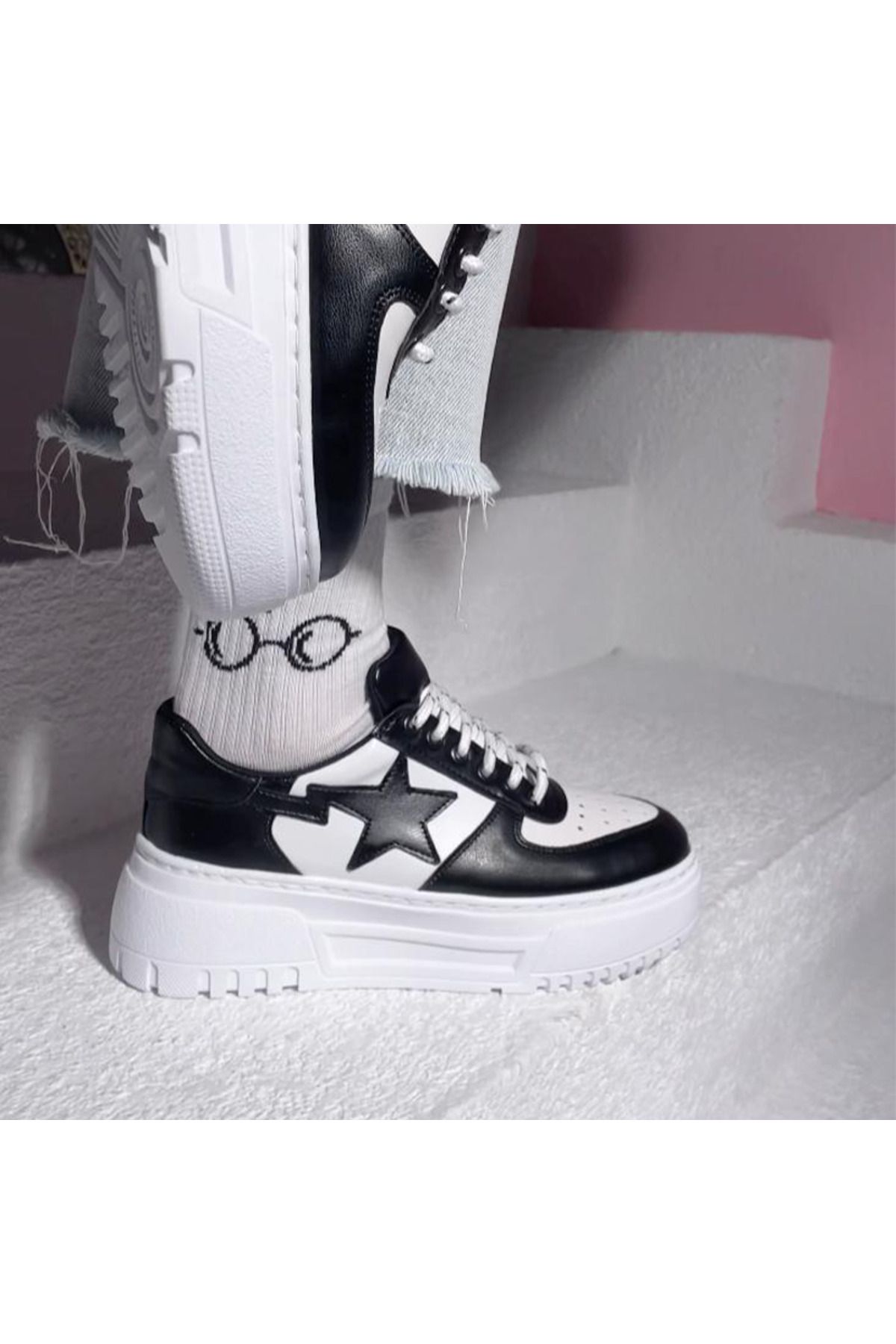 Köstebek Siyah Star Yüksek Taban Bağcıklı Sneaker Ayakkabı