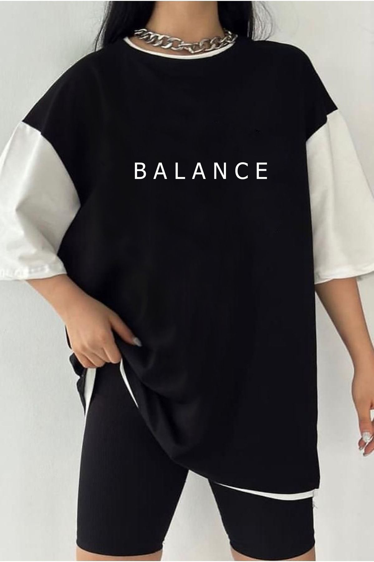 MARECASH Siyah Unisex Balance Yazılı Reglan Kol Oversize T-shirt