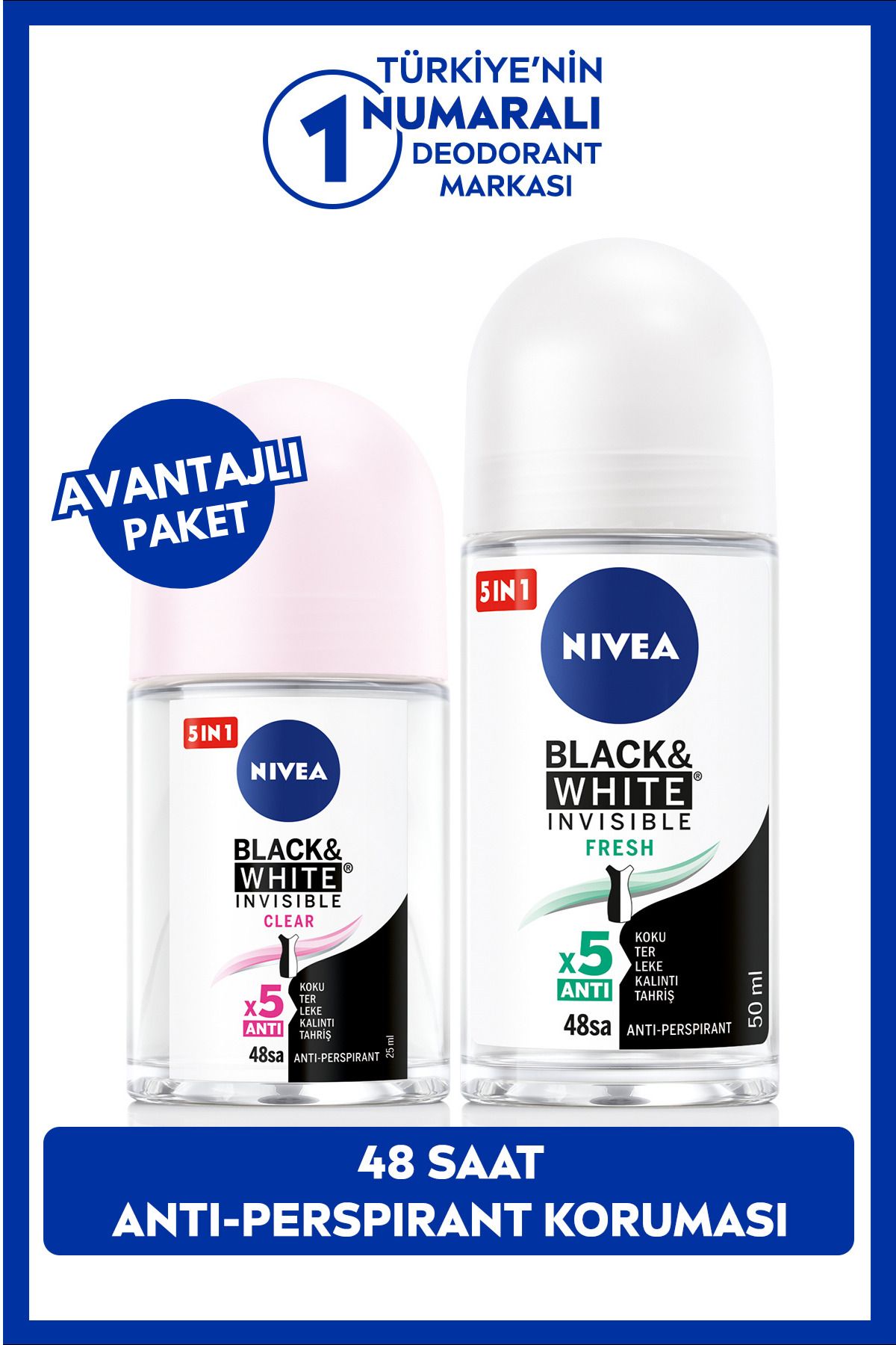 NIVEA Kadın Roll-on Deodorant Black&white Fresh 50ml Ve Mini Roll-on Black&white Clear 25ml