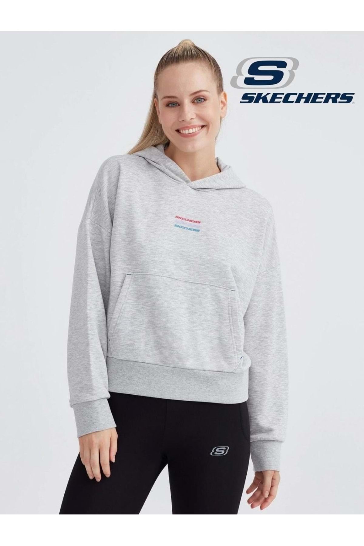 Skechers W Essential Hoodie Sweatshirt S232243- Kadın Kapüşonlu Sweatshirt Gri