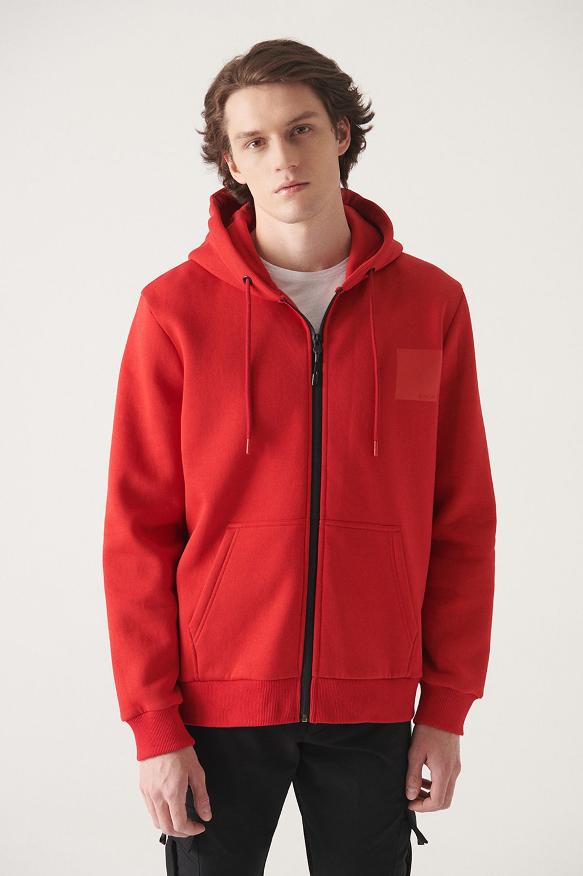 Avva Erkek Kırmızı Kapüşonlu 3 Iplik Içi Polarlı Baskılı Fermuarlı Regular Fit Sweatshirt