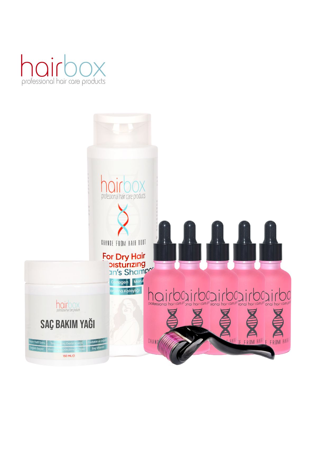 hairbox professional hair care products Kadın Saç Çıkarıcı Serum, Saç Çıkaran Serum , Saç Çıkarıcı (5'Lİ SERUM ŞAMPUAN ROLLER SAÇ YAĞI)