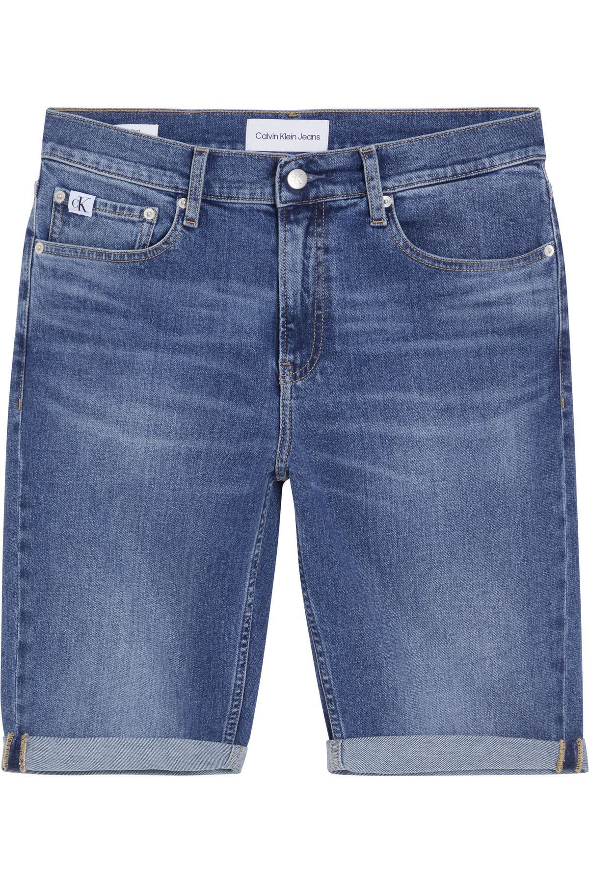 Calvin Klein Erkek Marka Logolu Şık Görünüşlü Kot Denim Kumaş Kısa Kapri Pantolon Mavi Kot Şort J30J324874-1A4