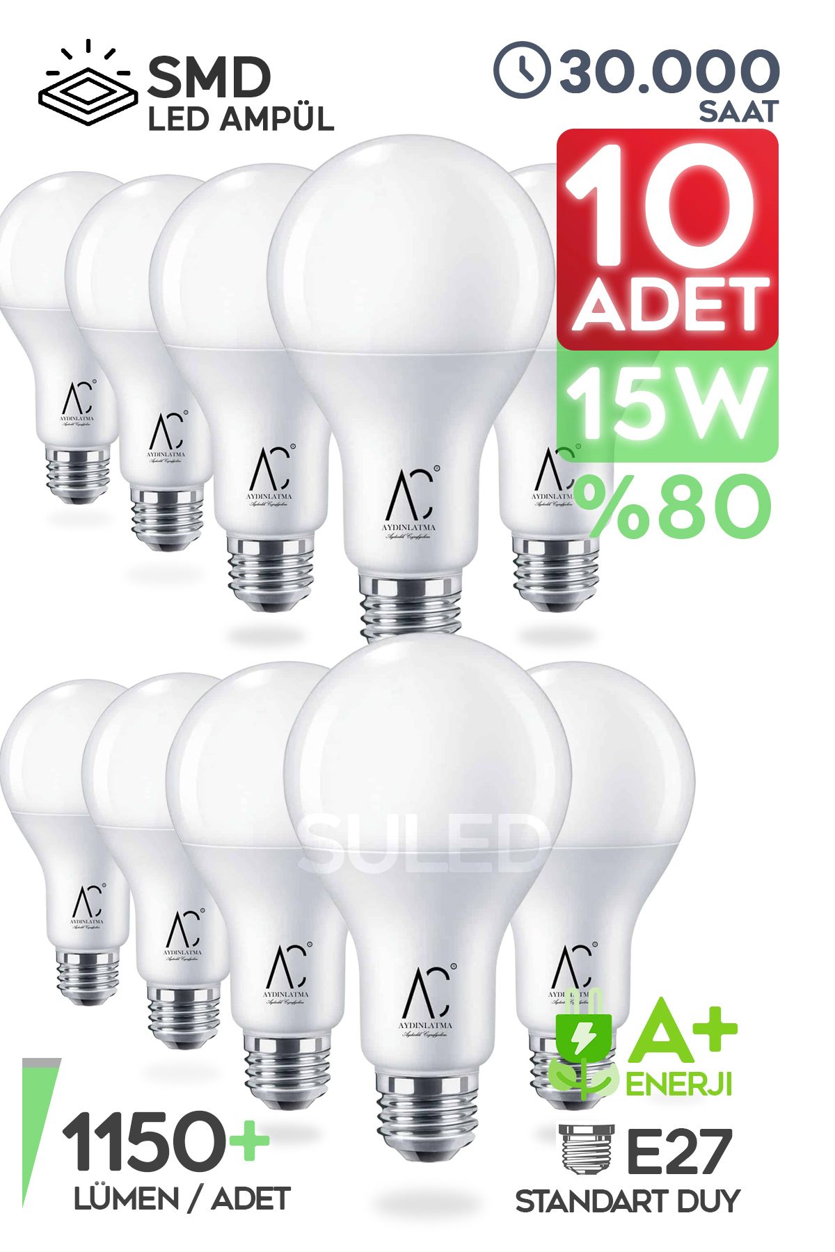 SULED Tasarruflu Led Ampül 10'lu Set 15w 1150lm Smd Led Beyaz Işık 6500k E27 Standart Lamba