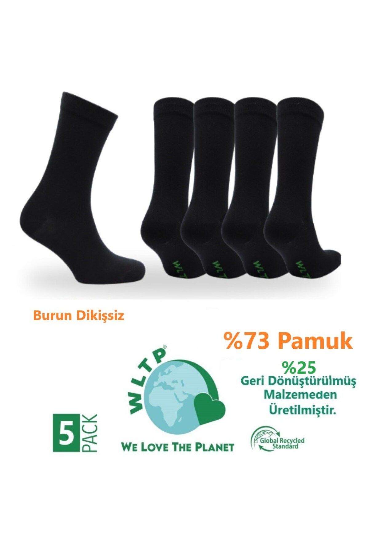 WLTP %73 Pamuk Günlük Siyah Penye Çorap 5 Çift -dikişsiz- %25'i Geri Dönüşümden