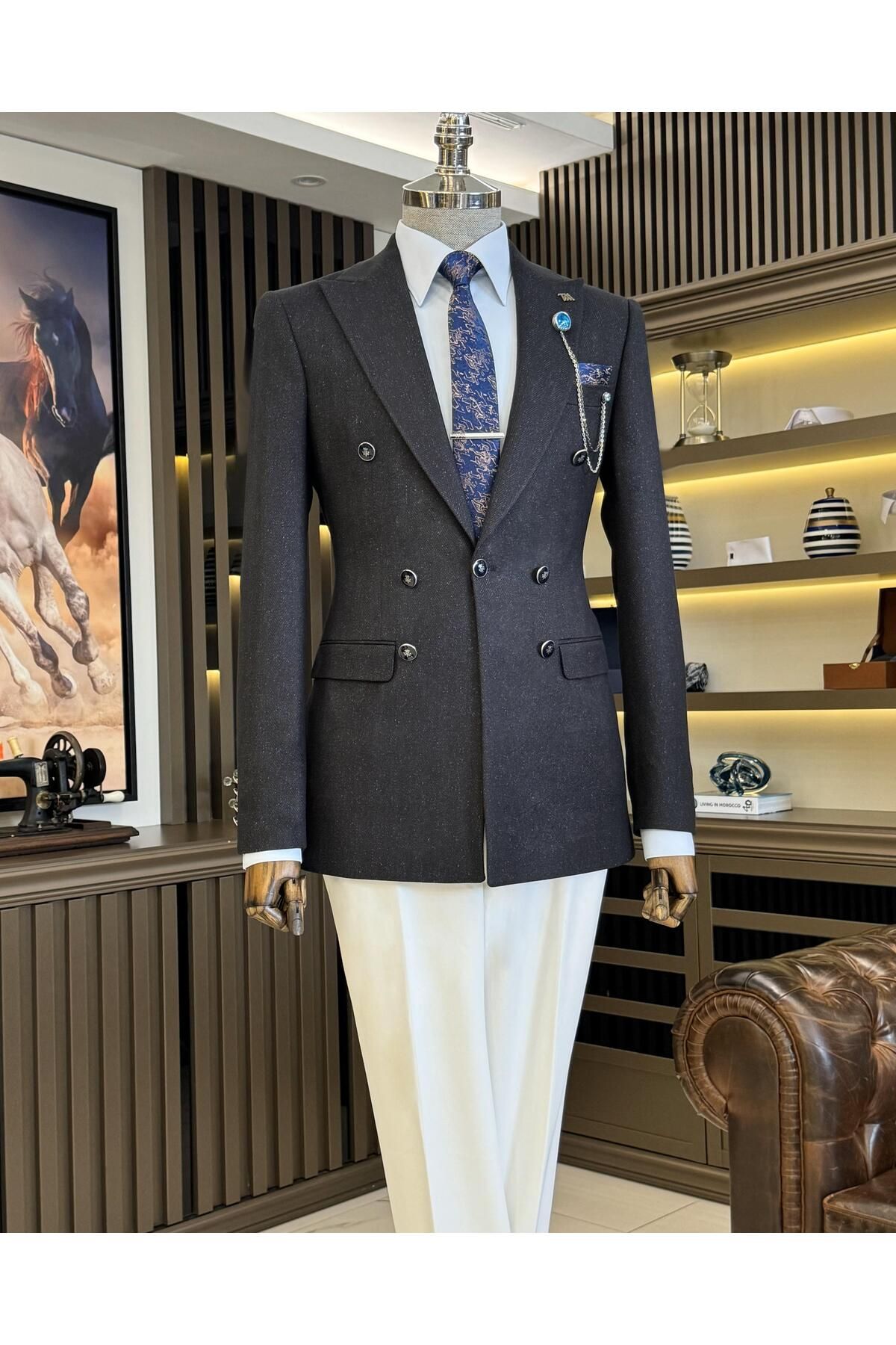 TerziAdemAltun İtalyan stil mono yaka düğme detaylı erkek ceket lacivert T10546
