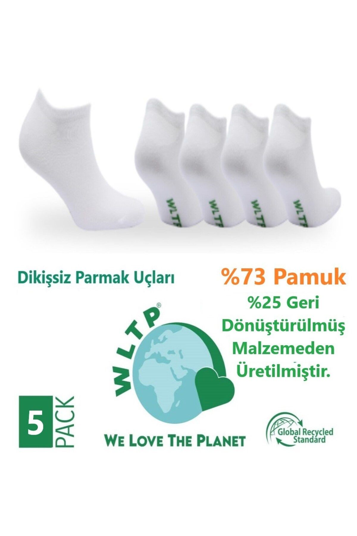 WLTP %73 Pamuk Günlük Beyaz Penye Patik Çorap 5 Çift -dikişsiz- %25'i Geri Dönüşümden