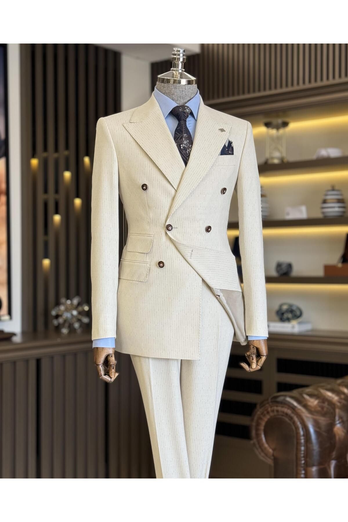 TerziAdemAltun İtalyan stil slim fit çizgili ceket pantolon takım elbise bej T11834