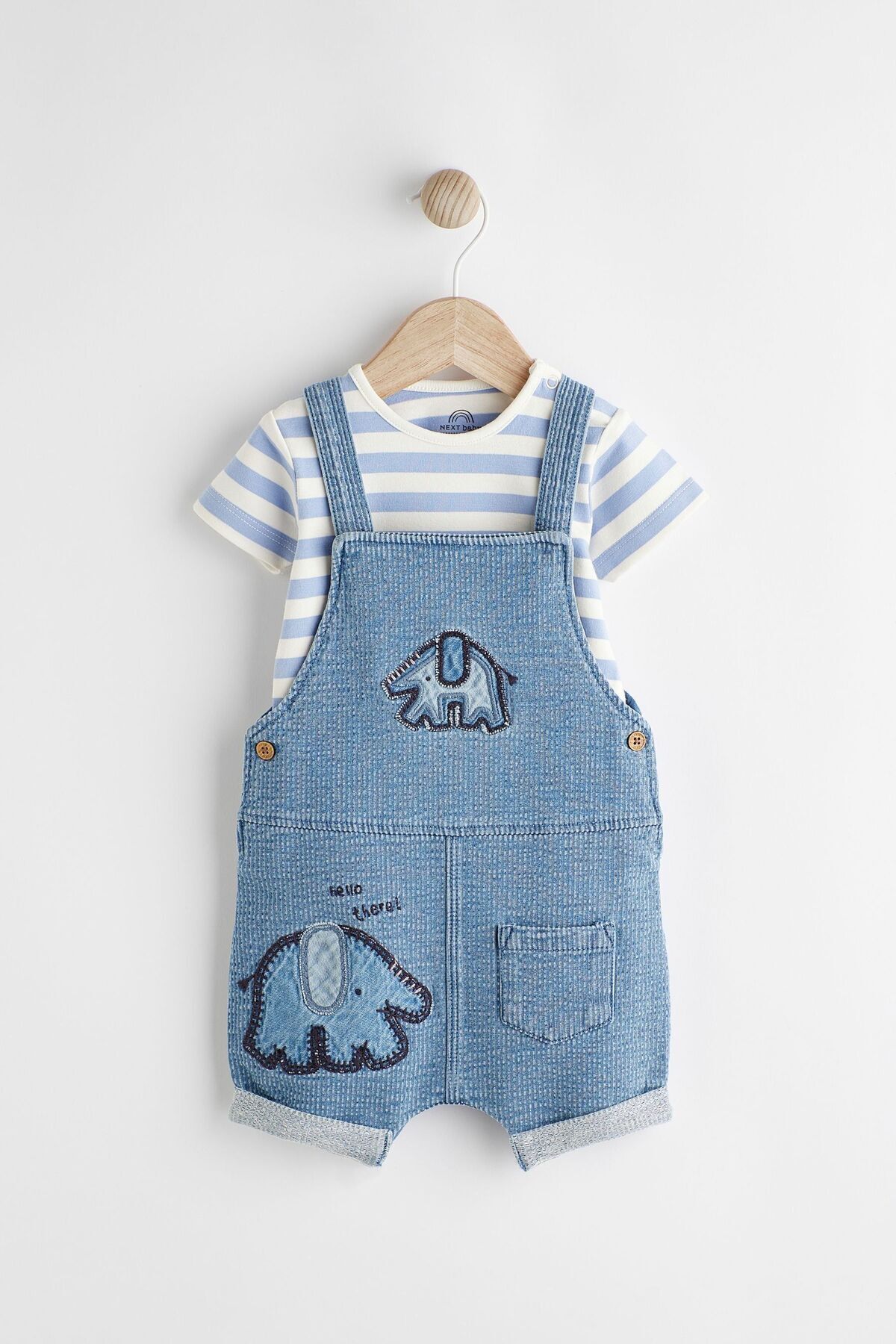 Next Baby Pamuklu Mavi Denim Fil Desenli Salopet Body Zıbın Set