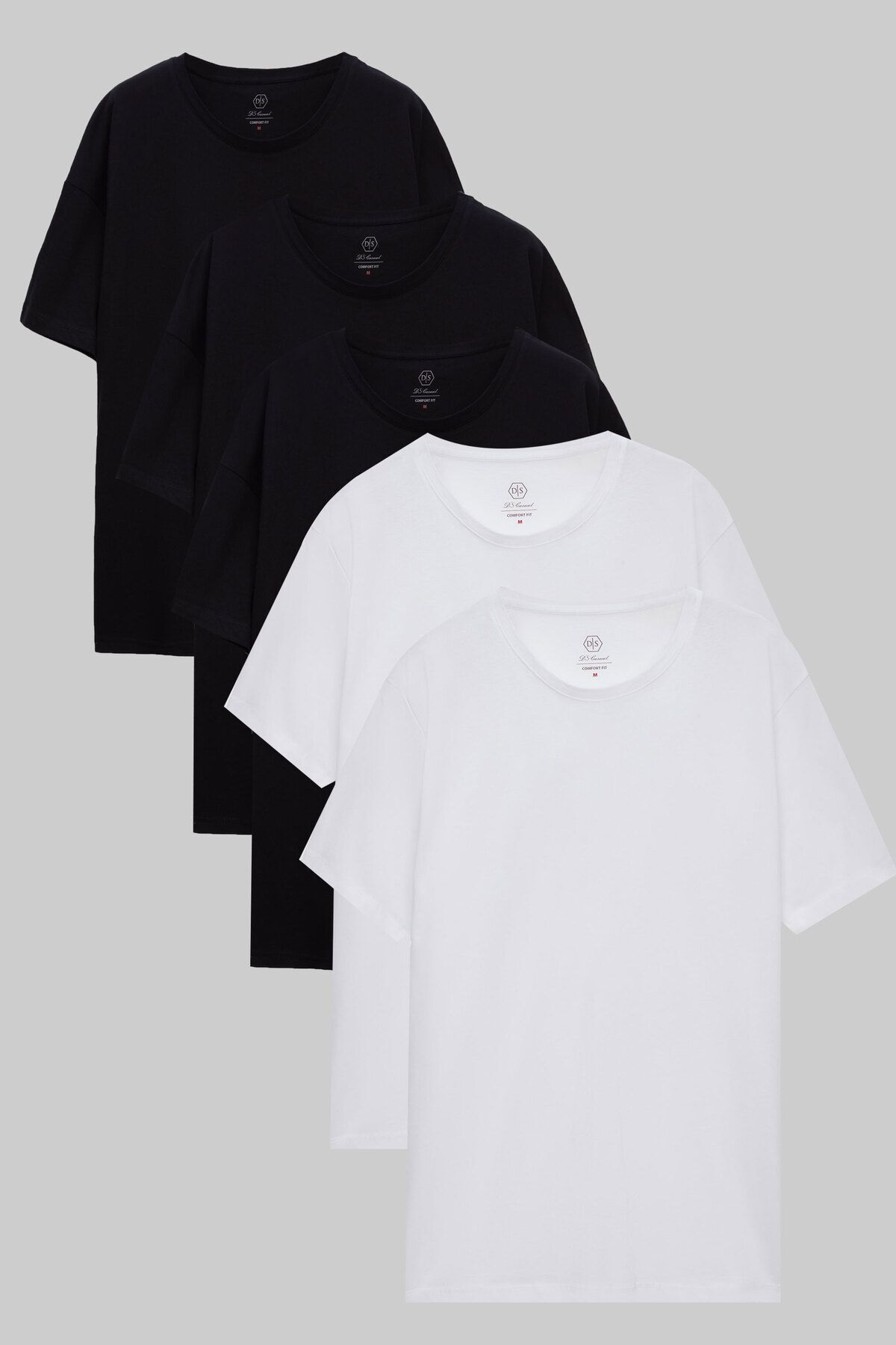 D'S Damat Ds Damat Comfort Siyah/Beyaz 5'Li Bol Kesim %100 Pamuk T-Shirt