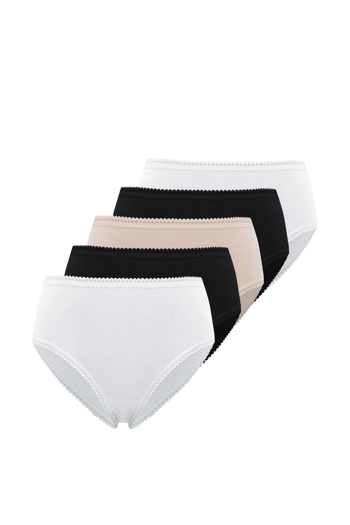 WESTMARK LONDON 5’li Siyah, Beyaz, Ten Rengi Pamuklu Maxi Boy Yüksek Bel Kadın Ribana Slip EVA RIB MAXI