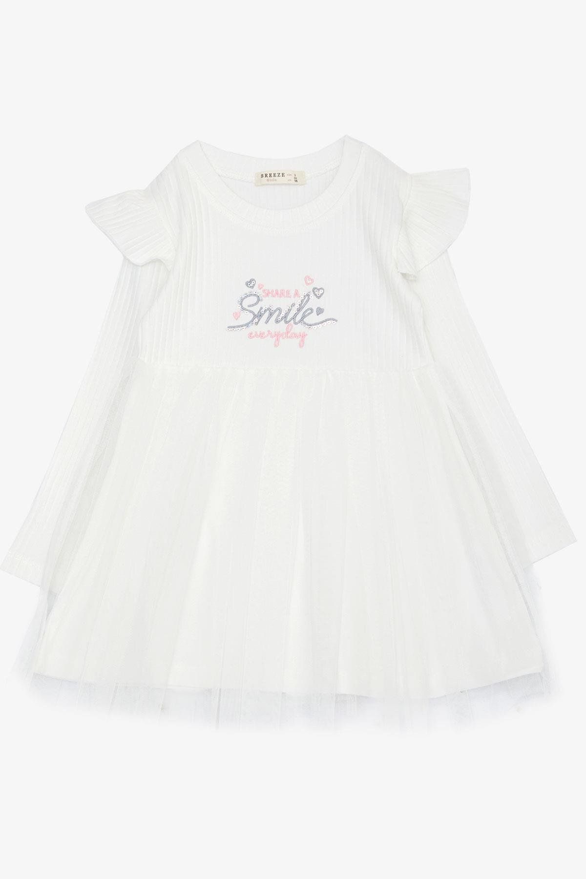 Breeze Kız Çocuk Uzun Kollu Elbise Yazı Nakışlı Pullu Tüllü Omuzu Fırfırlı 1.5-5 Yaş, Beyaz