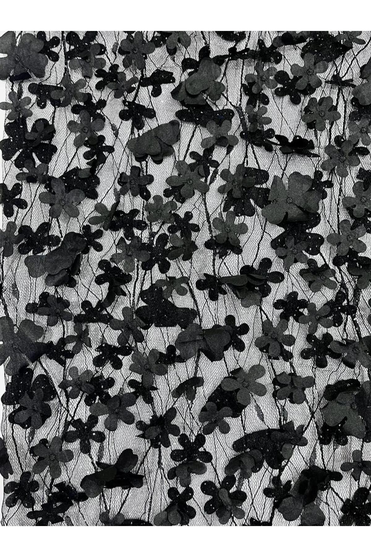 Esterella Kopma Üç Boyutlu Çiçekli Dantel/parıltılı tül Siyah Kumaş (135 cm En)