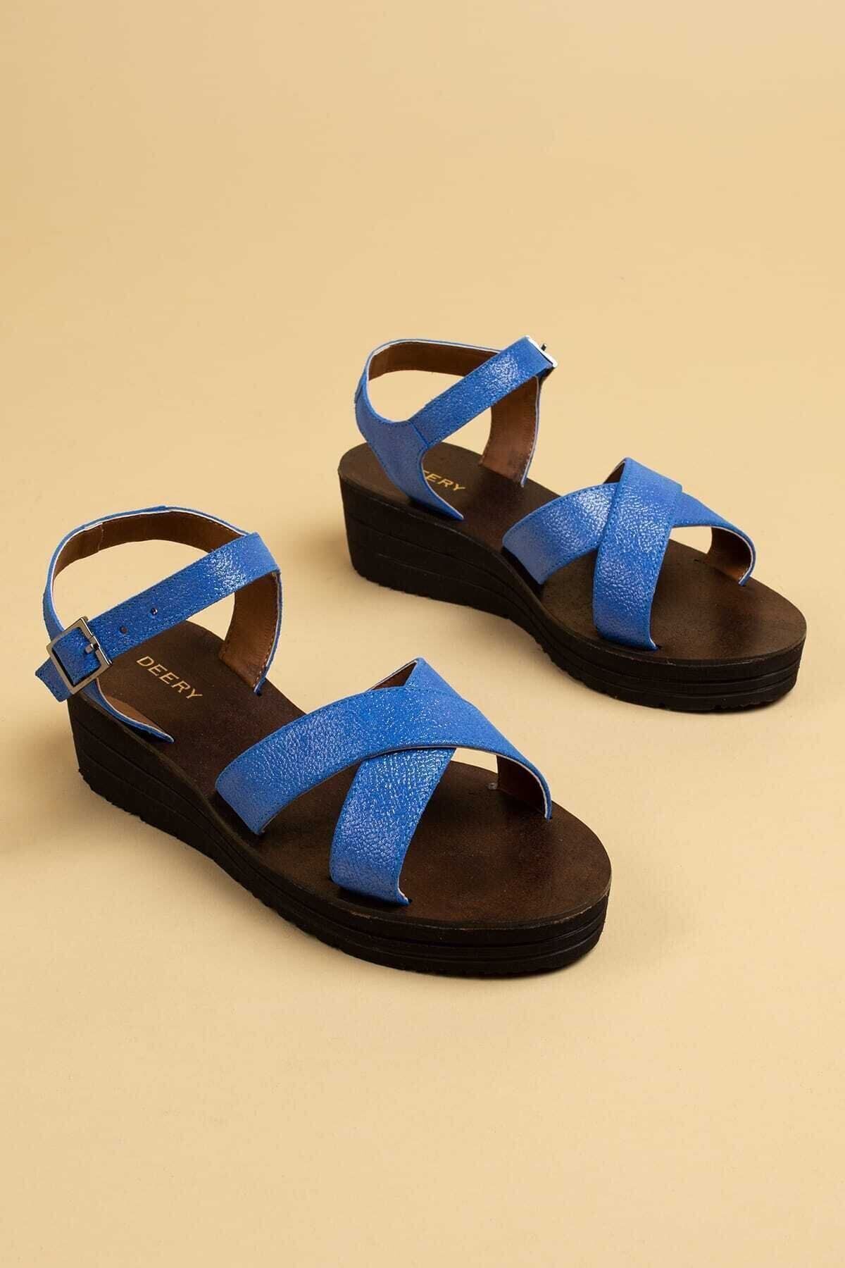 Deery Hakiki Deri Mavi Kadın Sandalet