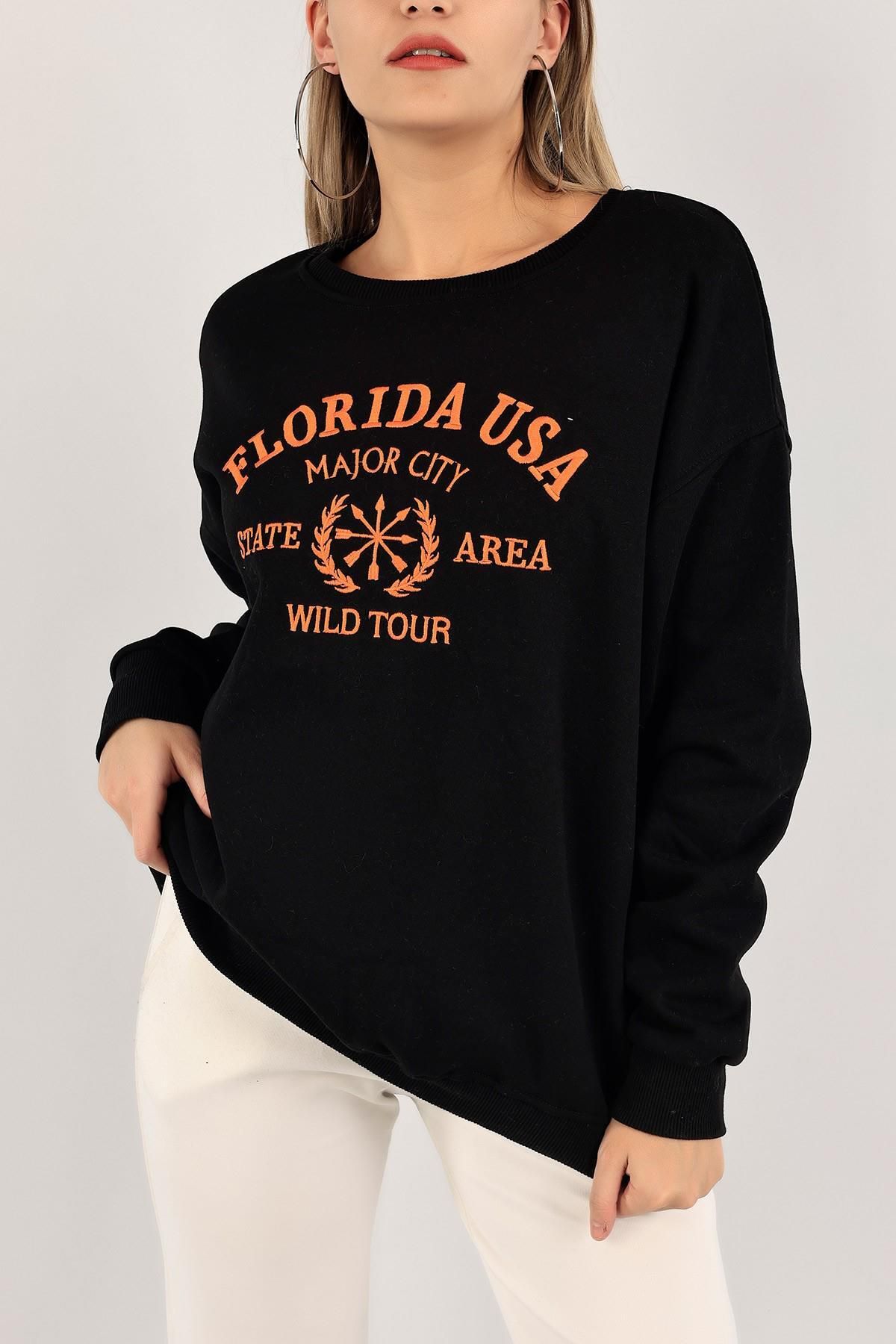 Tena Kadın Siyah Florida Usa Nakışlı Üç İplik Sweatshirt
