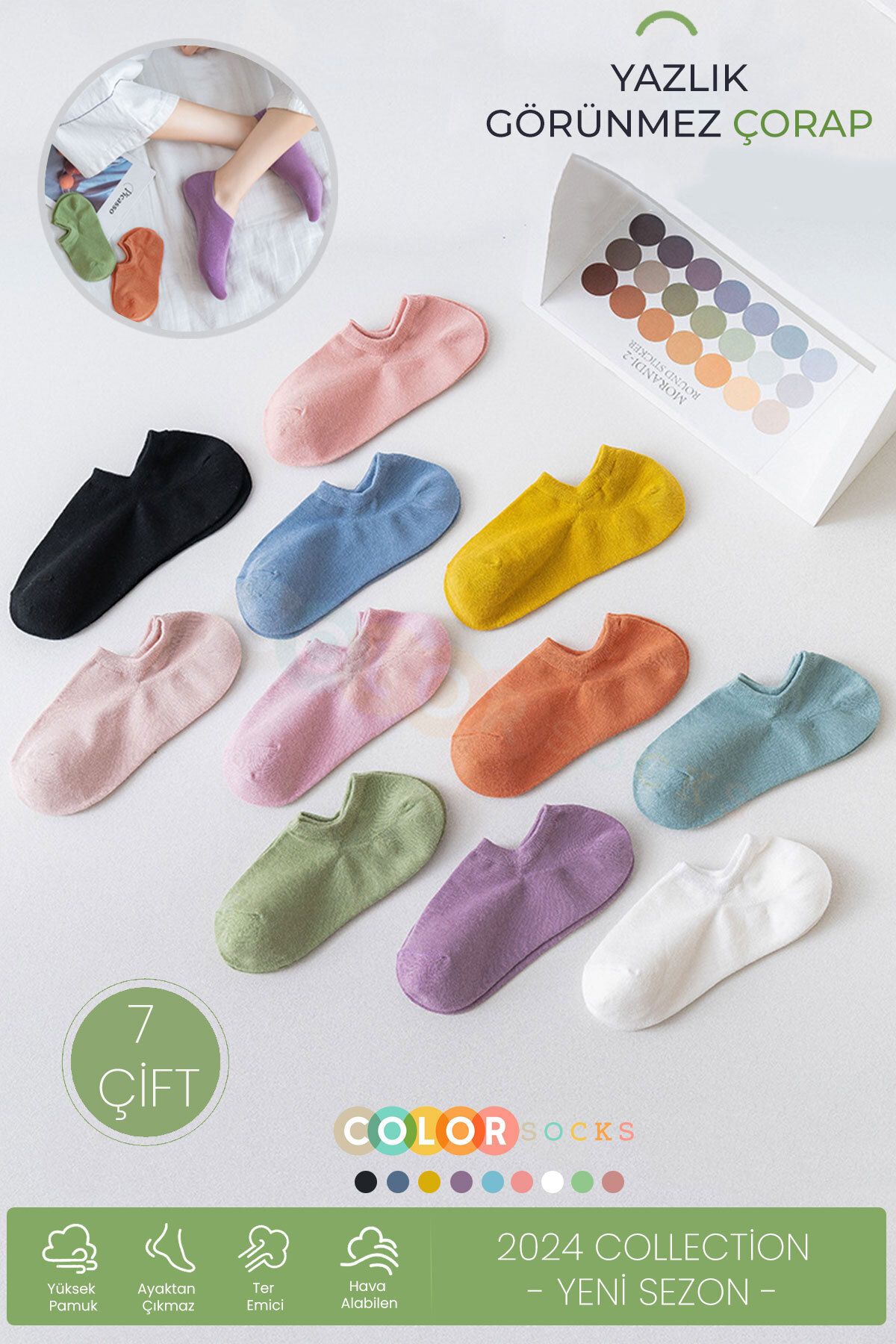 Color Socks 7'li Kadın Renkli Sneakers Yazlık Çorap Seti (YÜKSEK PAMUK)