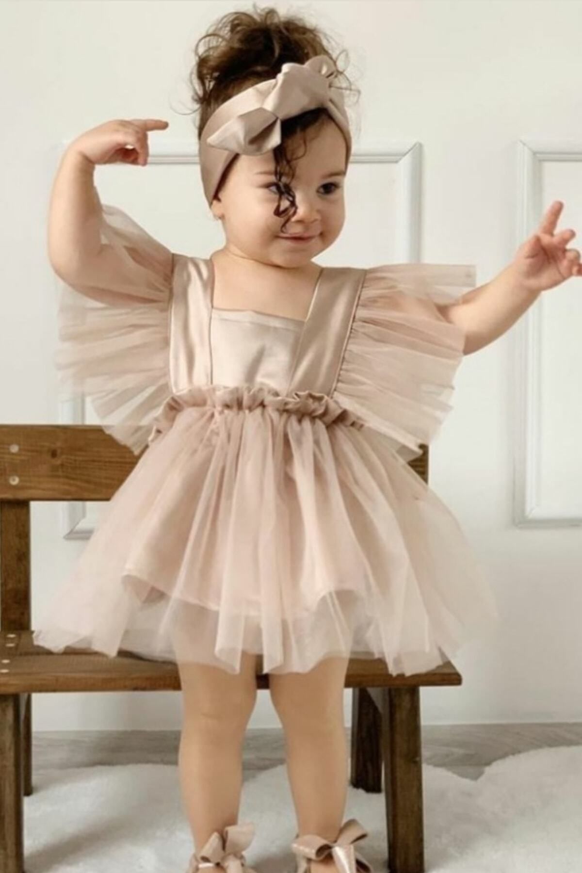 meqlife Sütlü Kahve Kız Çocuk Saten Abiye Elbise Kız Çocuk Doğum Günü Parti Kutlama Kıyafeti