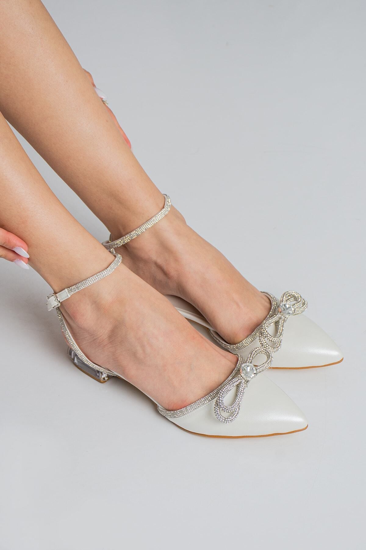 Almera's Shoes Sedef Cilt Taşlı 2,5 cm Topuklu Abiye Ayakkabı
