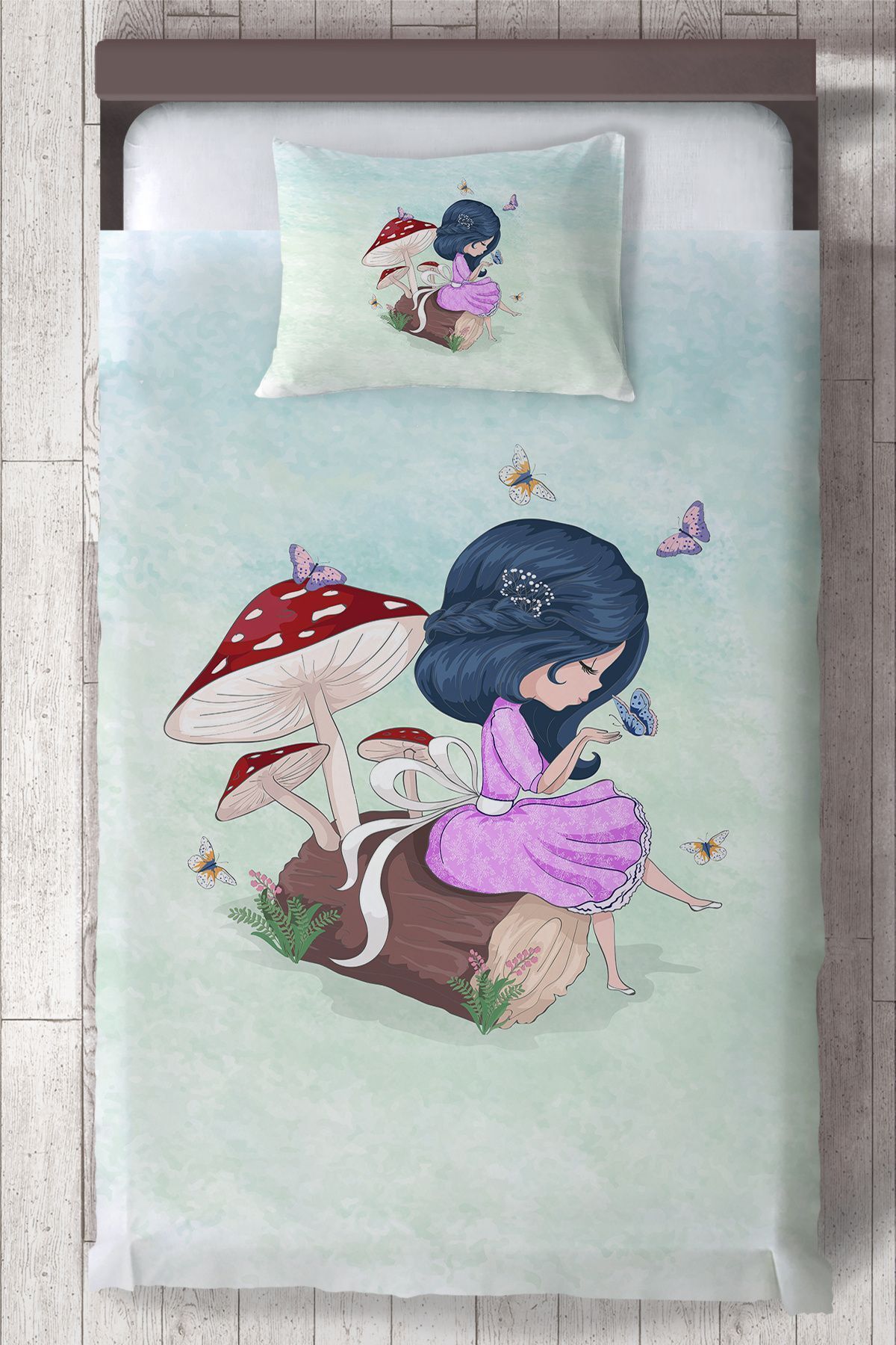 Ceritti Bebek ve Çocuk Odası Kelebekli Motifli Prenses Kız Desenli, Organik Boyalı, Renkli Yatak Örtüsü Seti