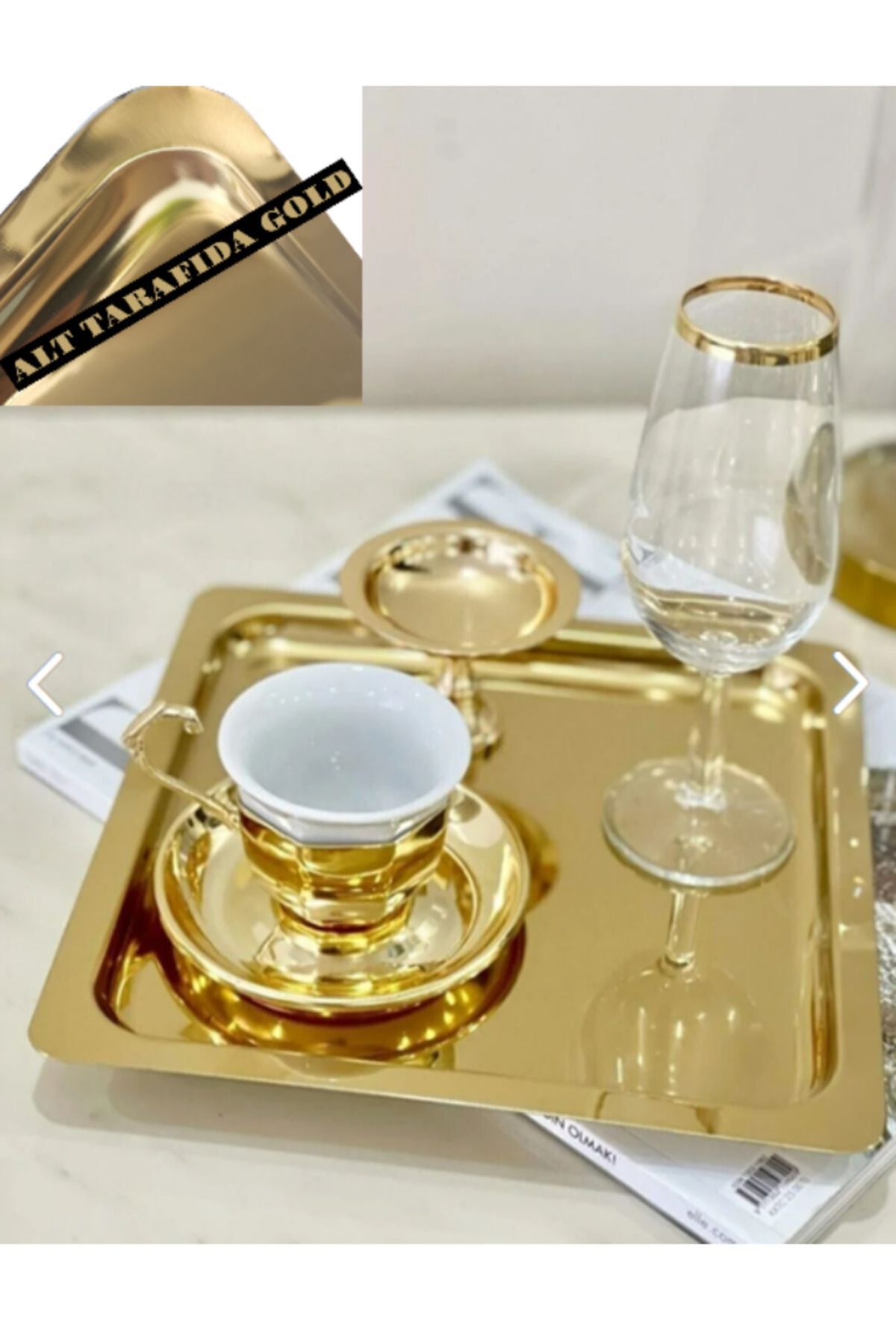 Abant 6 Adet Gold Altın Kare Paslanmaz Çelik Kahve Servis Sunum Tepsi & Tabağı (21X21CM)