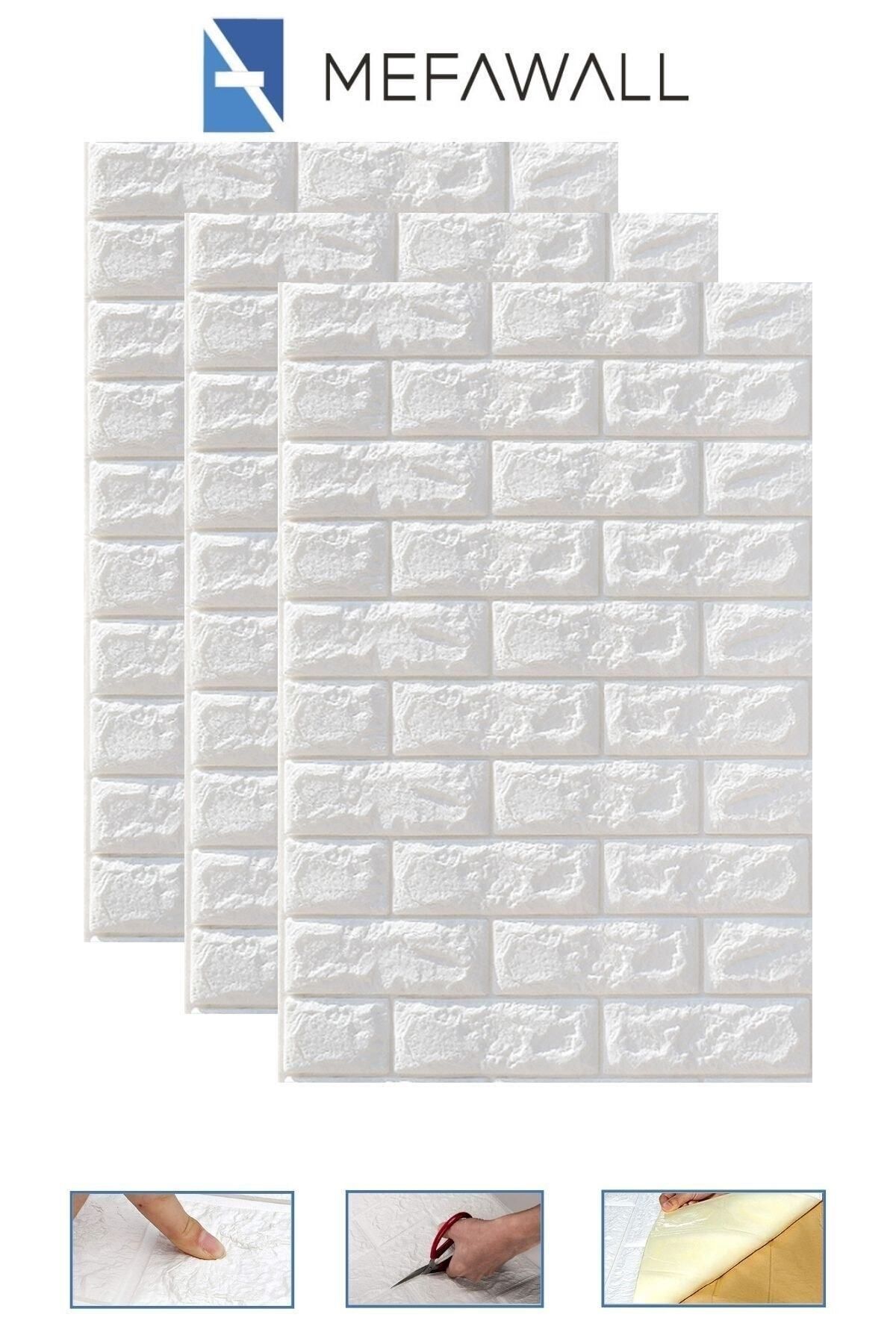 Mefawall Kendinden Yapışkanlı Esnek Köpük Beyaz Taş Desen Duvar Kağıdı Paneli 3 Adet 50x70 | 1 Metrekare