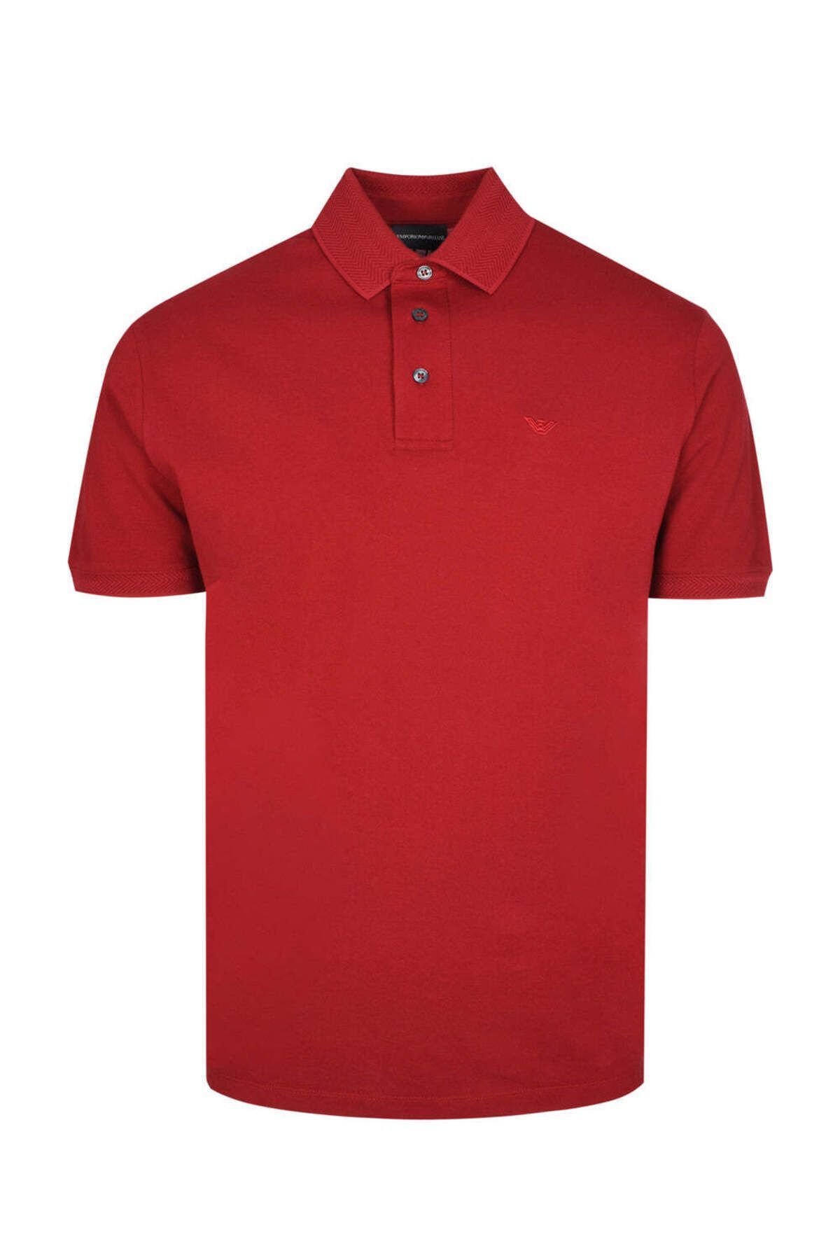 Emporio Armani Erkek Dokuma Kumaş Marka Logolu Kırmızı Polo Yaka T-Shirt 3D1FF2 1JTKZ-03B7