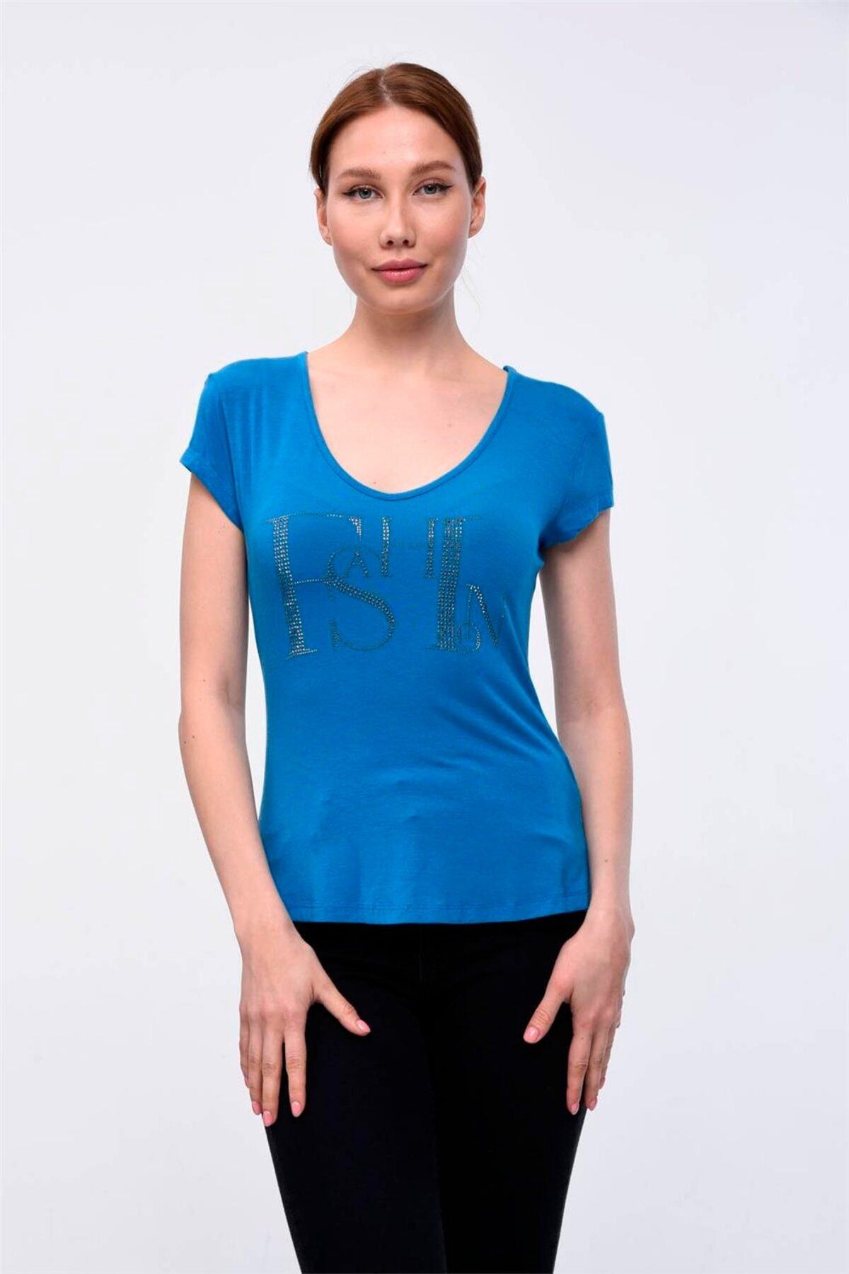 Home Store Tshirt*fashion*taş Baskılı V Yaka - Mavi