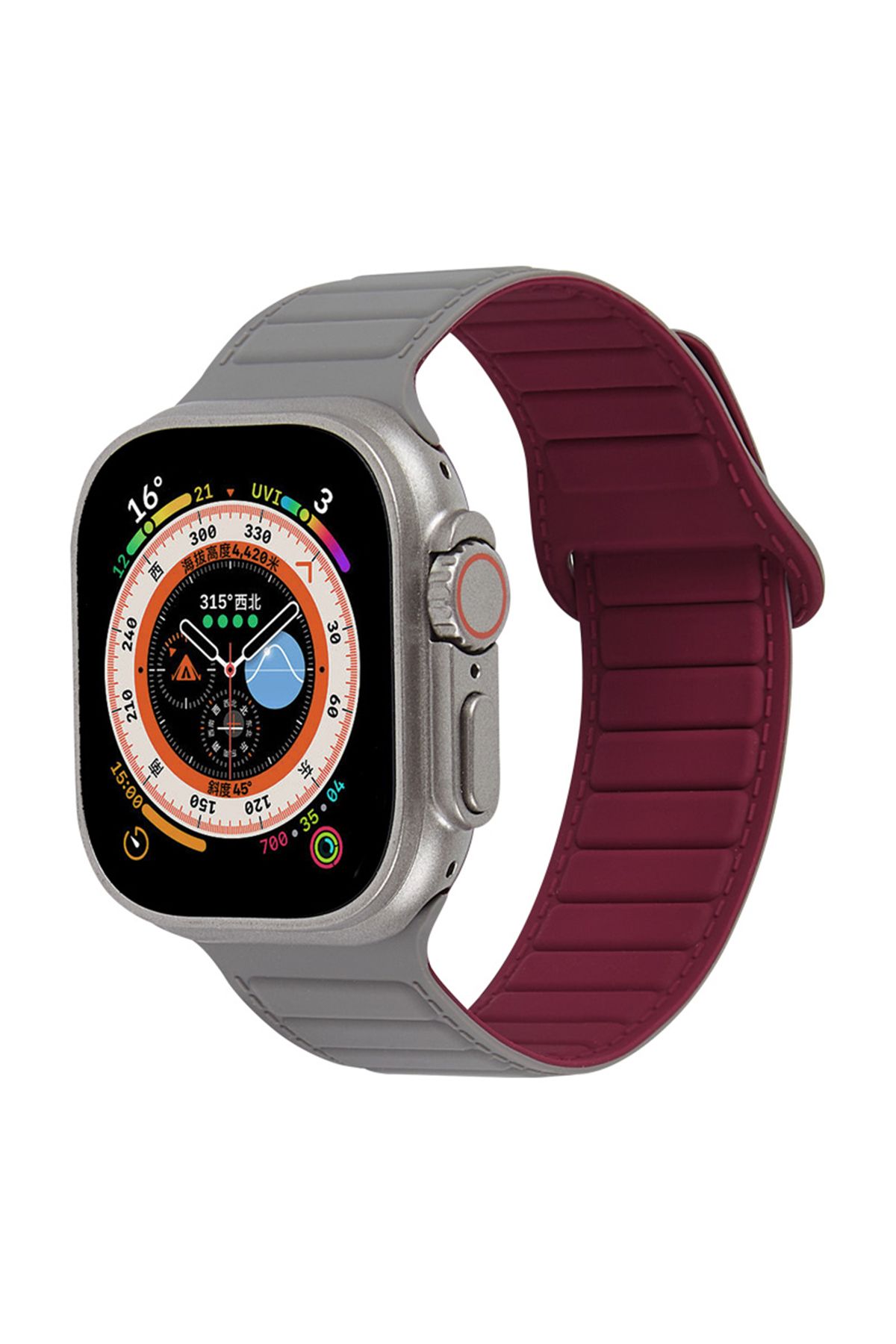 ShinyTECH Apple Watch Uyumlu Ultra Manyetik Silikon Kordon 42,44,45,49m Gri/bordo