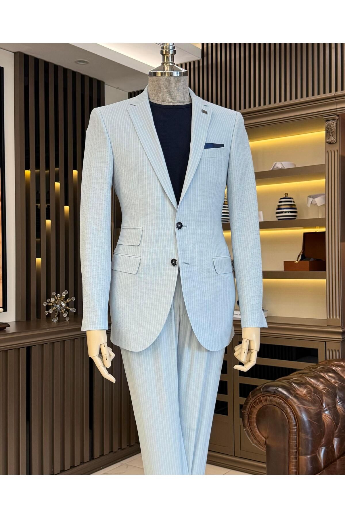 TerziAdemAltun İtalyan stil slim fit çizgili ceket beli bağlamalı pantolon takım elbise mavi T11794