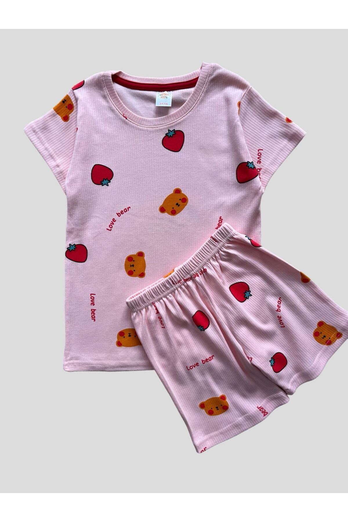 elmas kids Kız Çocuk Pamuklu Pembe Çilek Ayıcık Desenli Fitilli Kısa Kollu Şortlu Yazlık Pijama Takımı