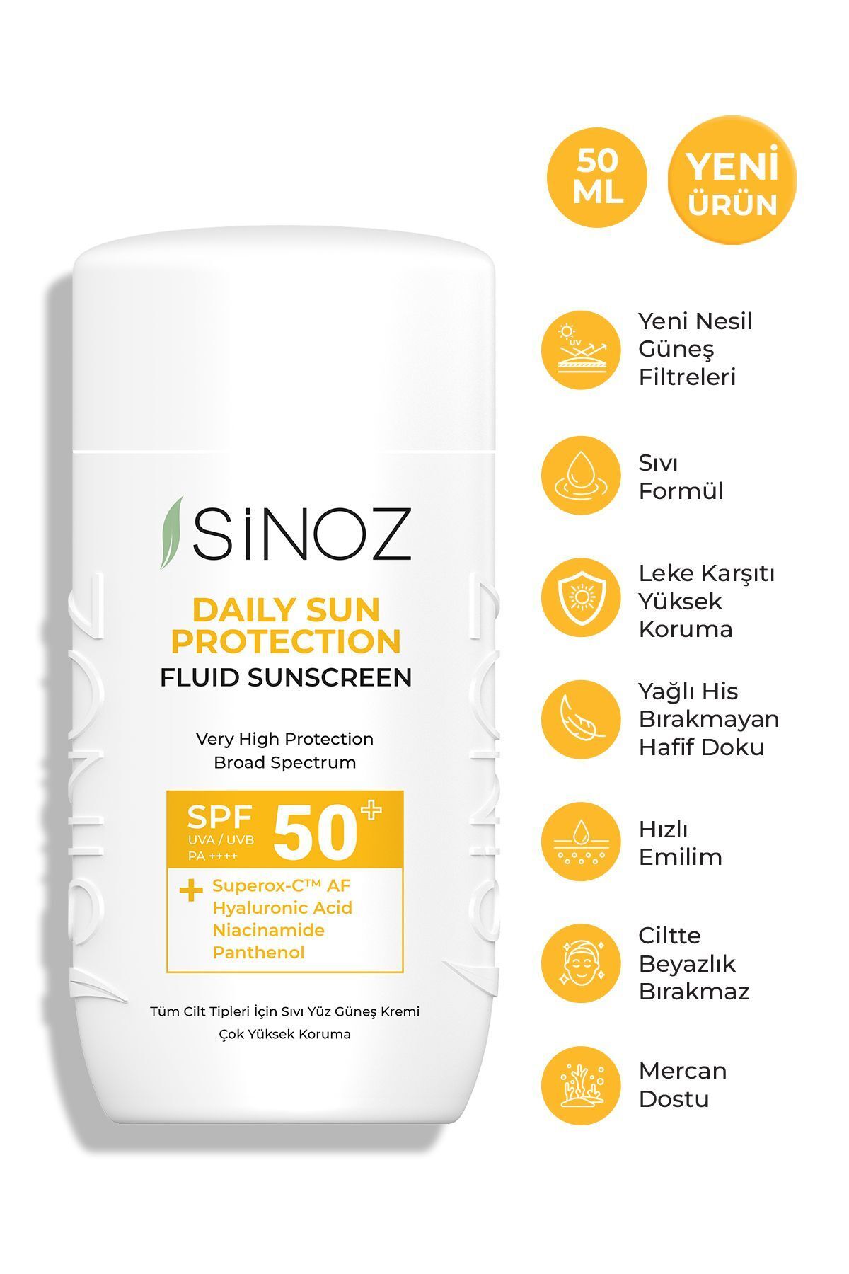 Sinoz Spf50+ Günlük Kullanım Fluid Yüz Güneş Kremi - Yeni Nesil Güneş Filtreleri Ile Hibrit Formül 50ml