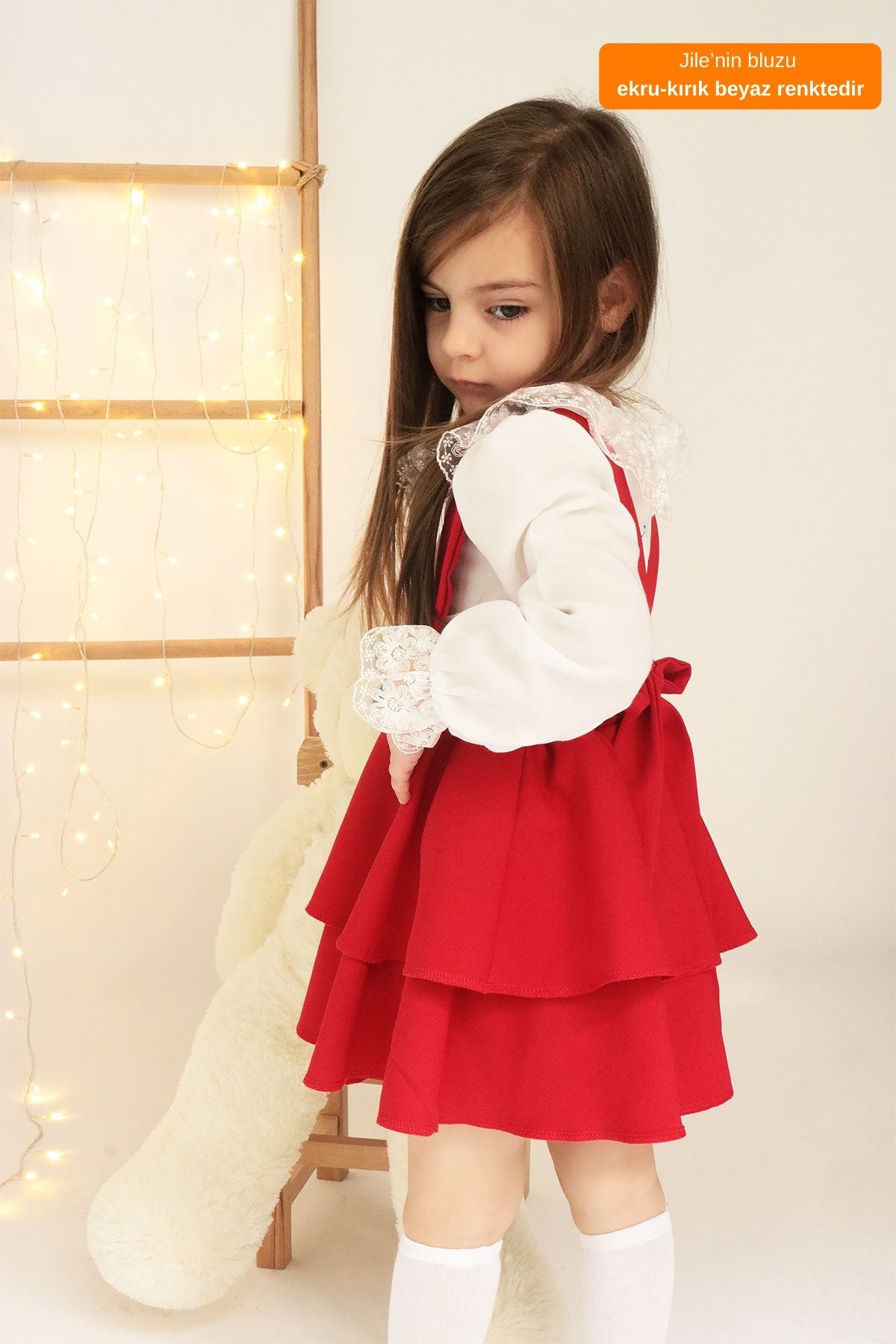 Parla Kids Kız Çocuk Helen Kırmızı Askılı Bağlama Jile 23 Nisan Elbise Ekru Dantel Uzun Kollu Bluz Abiye Takım