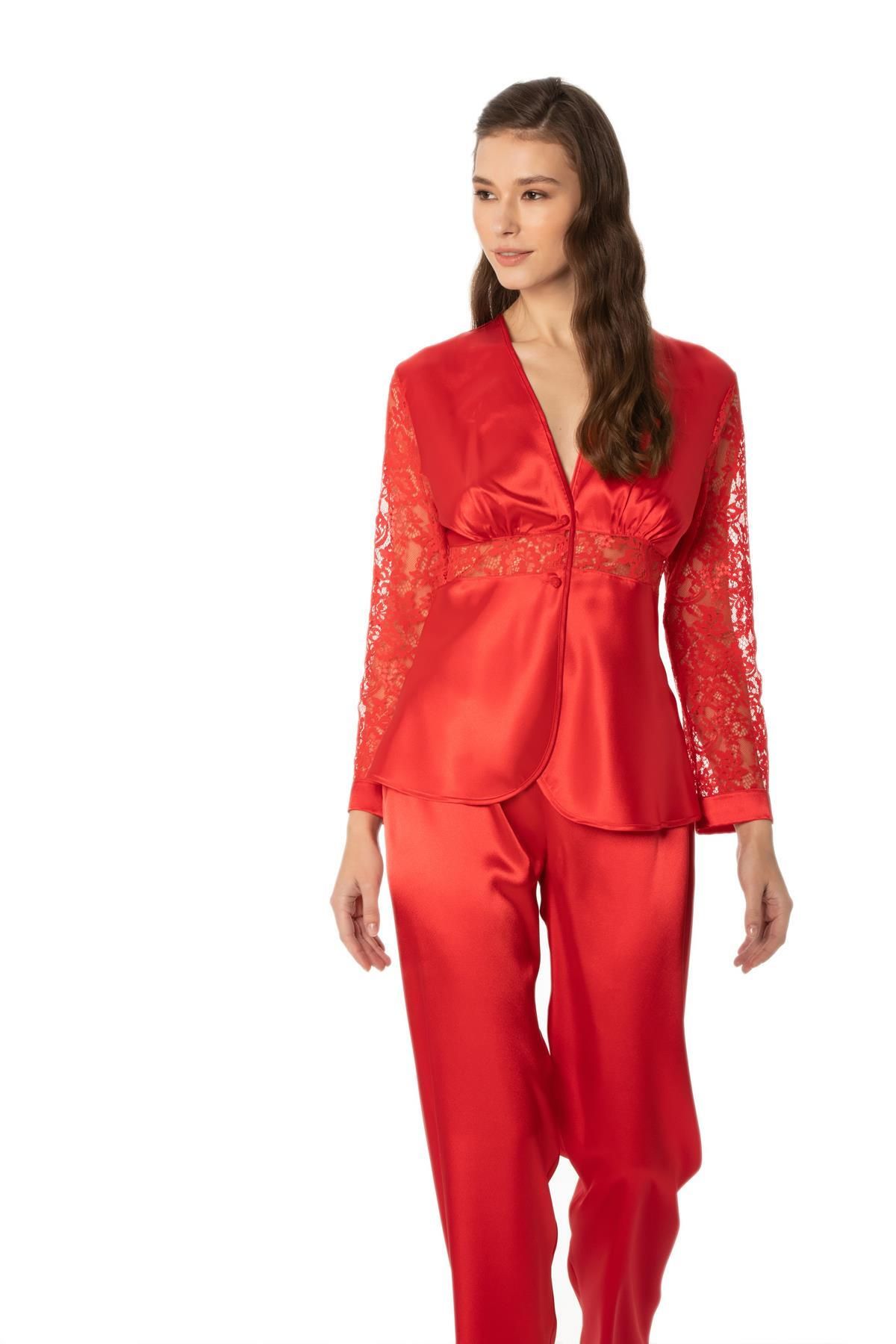 Pierre Cardin Kadın Kırmızı Saten Dantelli Pijama Takımı - 1121