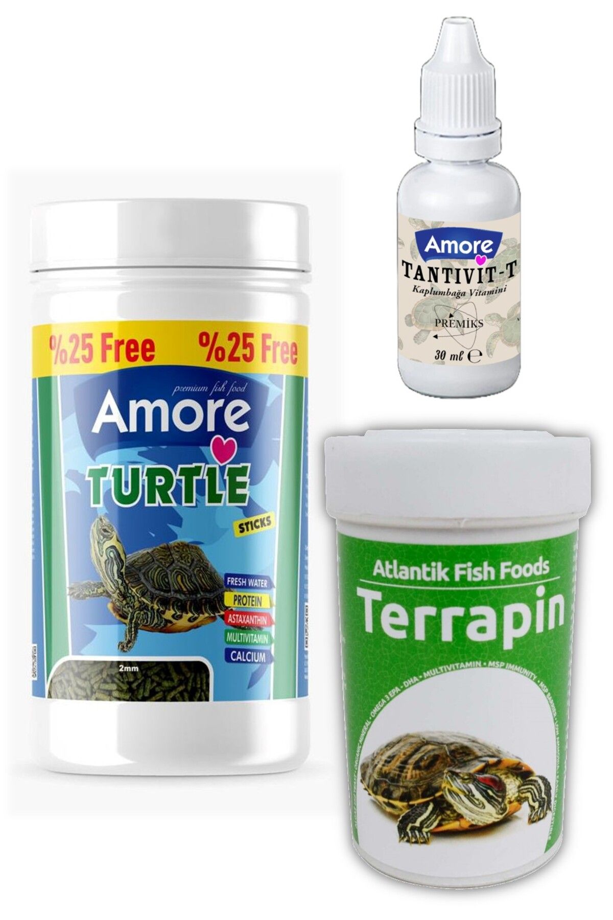 AMORE Kaplumbağa Yemi 125ml, terrapin 100 ml, Multivitamin Seti