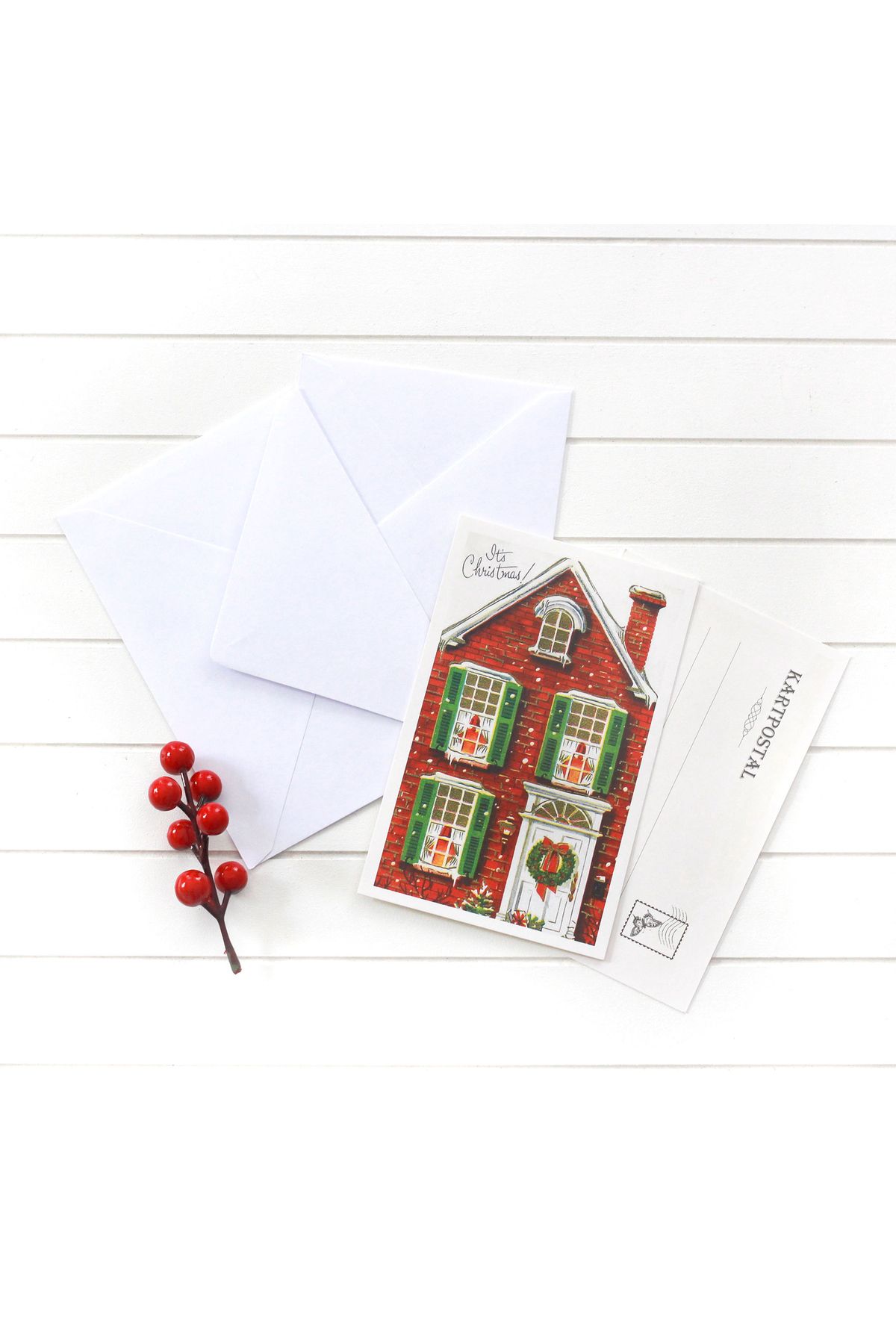 Bimotif Yılbaşı Kartpostal-zarf Seti, Kırmızı Ev 25 Adet
