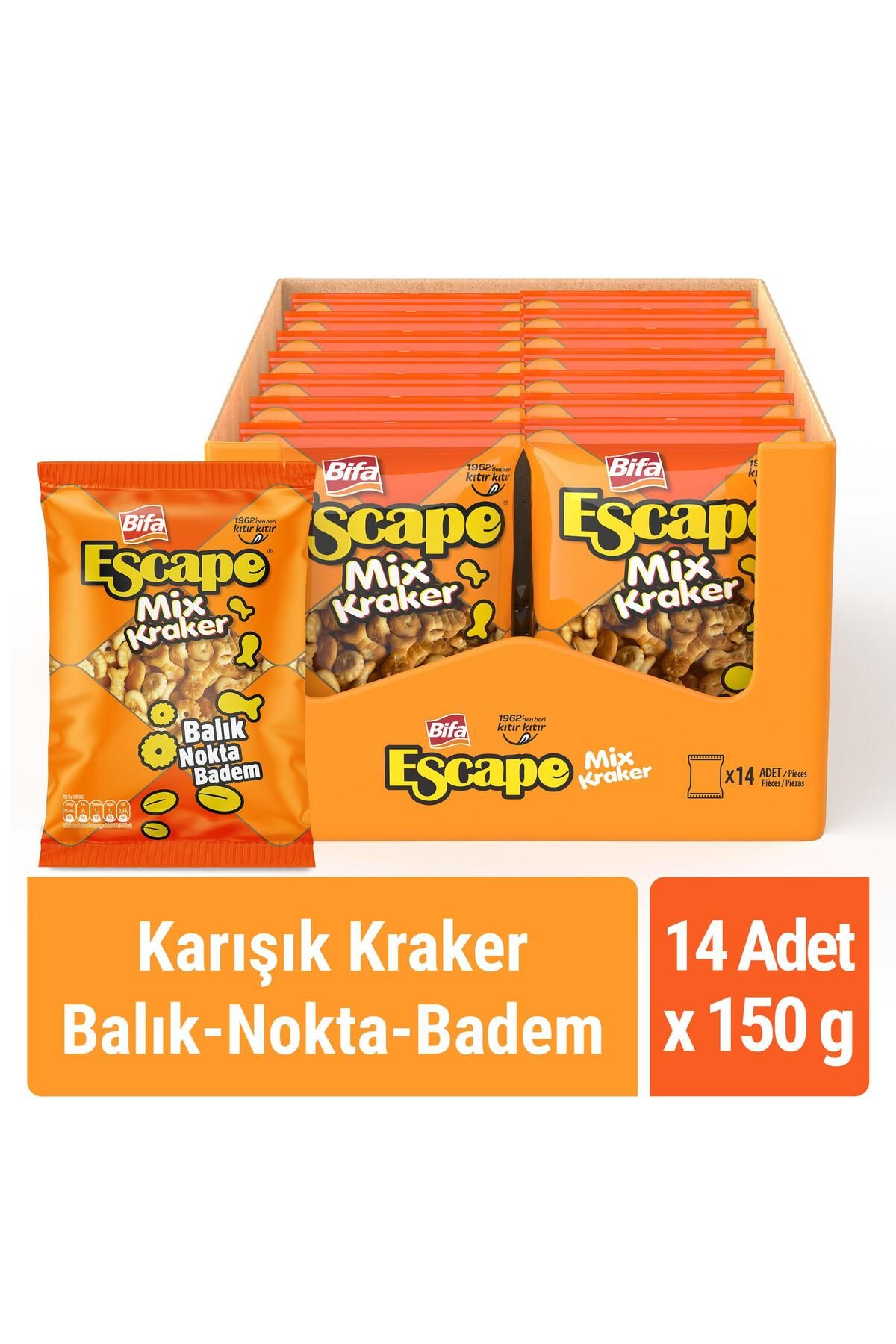 Bifa Escape Mix Kraker - Balık - Nokta - Badem 150 gr X 14 Adet