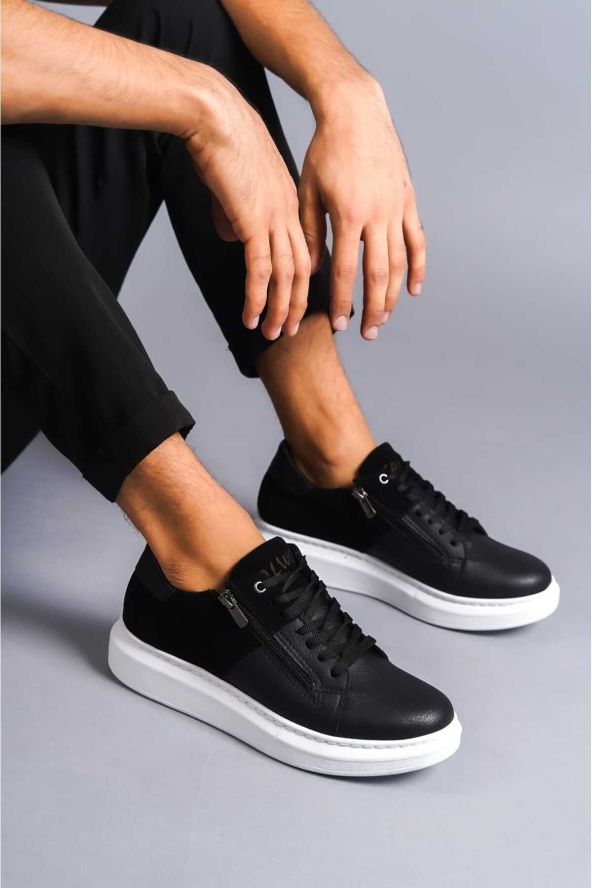 BZ Moda B155 BT Bağcıklı Fermuarlı Ortopedik Taban Süet Deyatlı Erkek Sneaker Günlük Ayakkabı Siyah