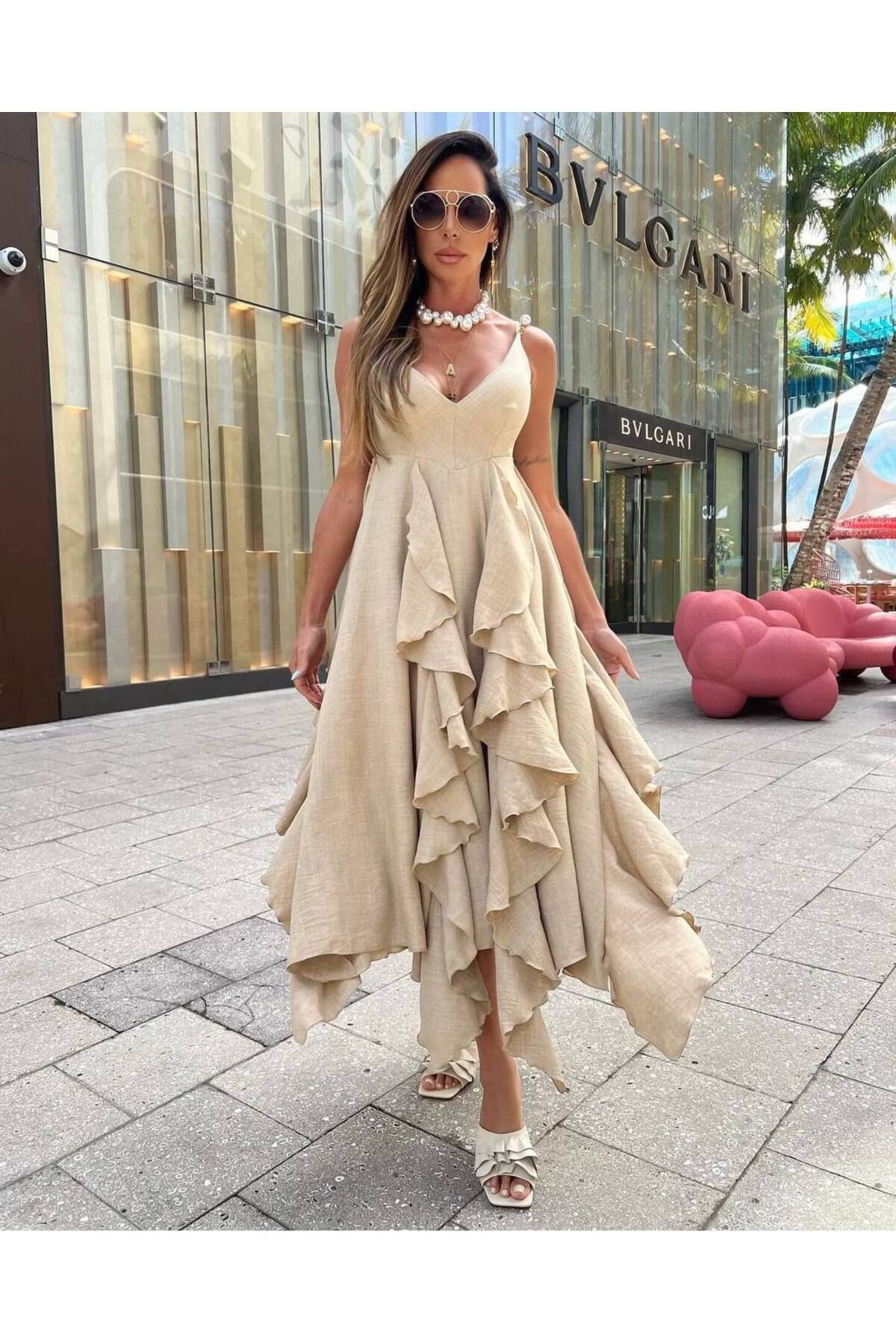 Pulli Collection Keten Kumaş Volanlı İnci Askılı Elbise