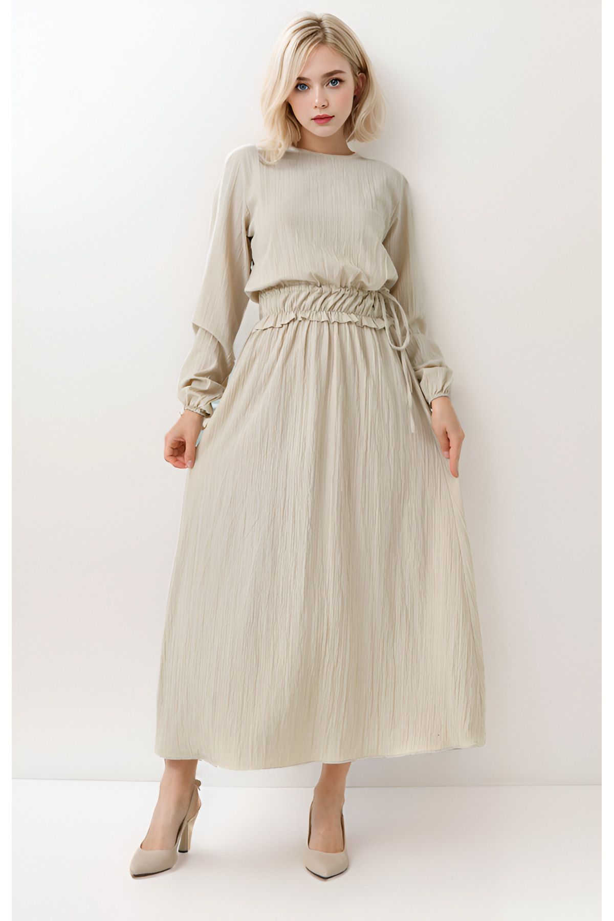 MAXXANA Beli Büzgülü Premium Kumaş Yazlık Tesettür Elbise
