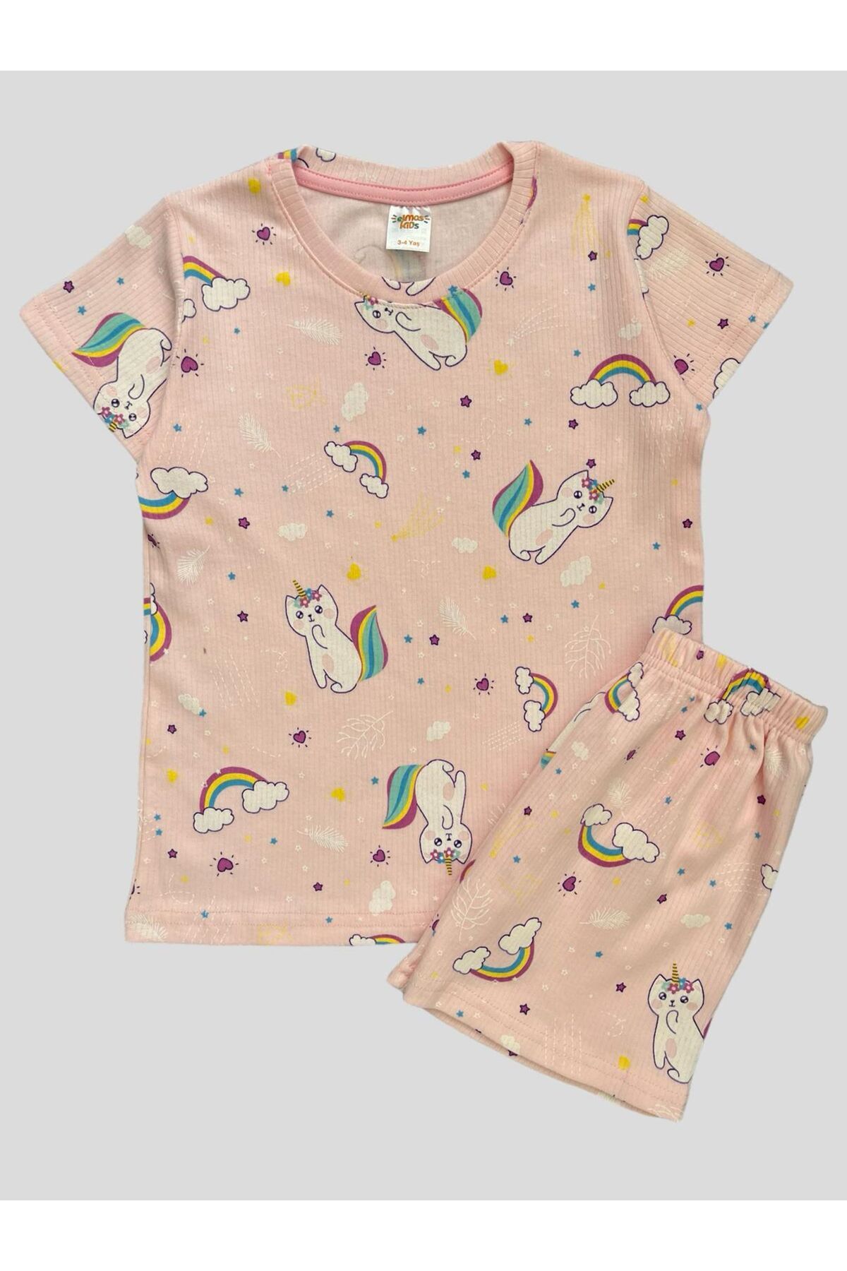 elmas kids Kız Çocuk Pamuklu Pembe Gökkuşağı Kedi Desenli Fitilli Kısa Kollu Şortlu Yazlık Pijama Takımı