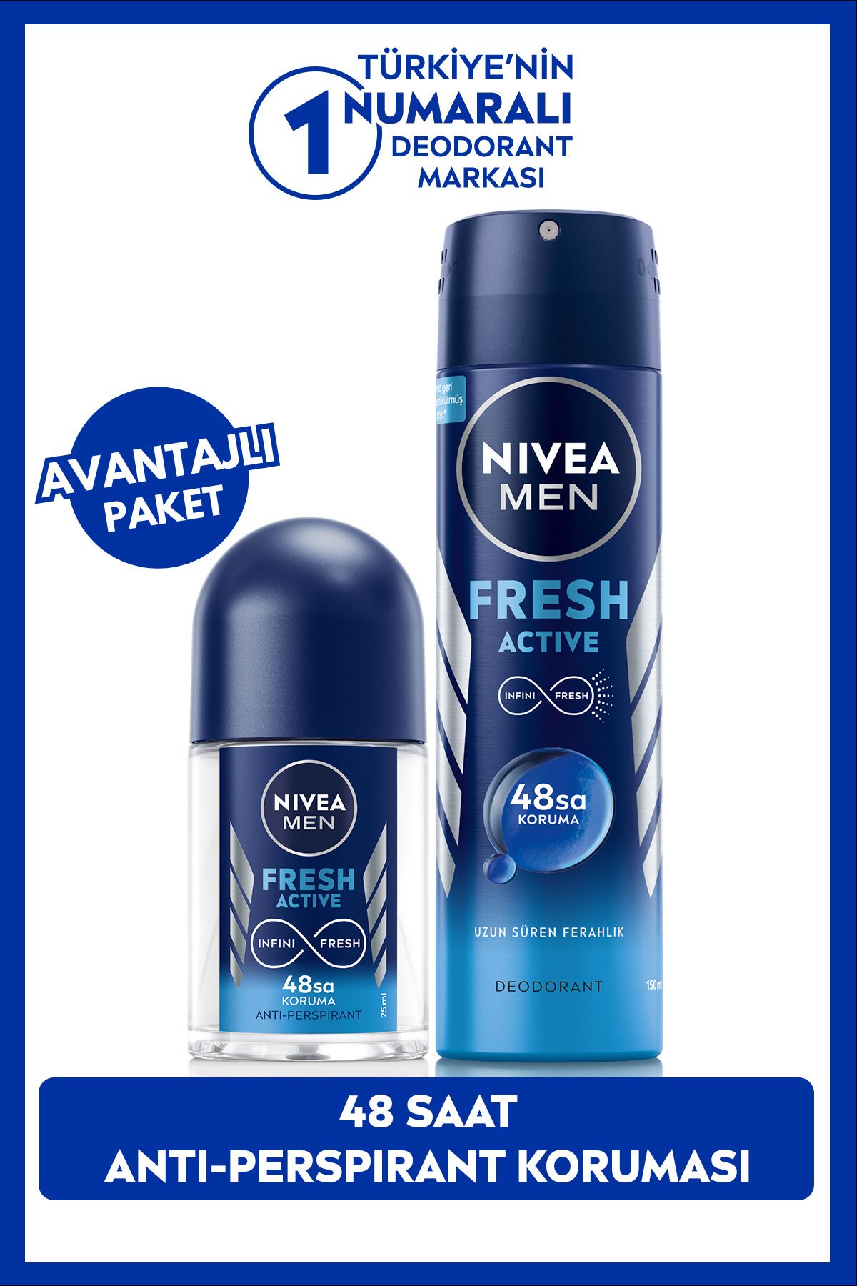 NIVEA Men Erkek Sprey Deodorant Fresh Active 150ml Ve Mini Roll-on Fresh Active 25ml